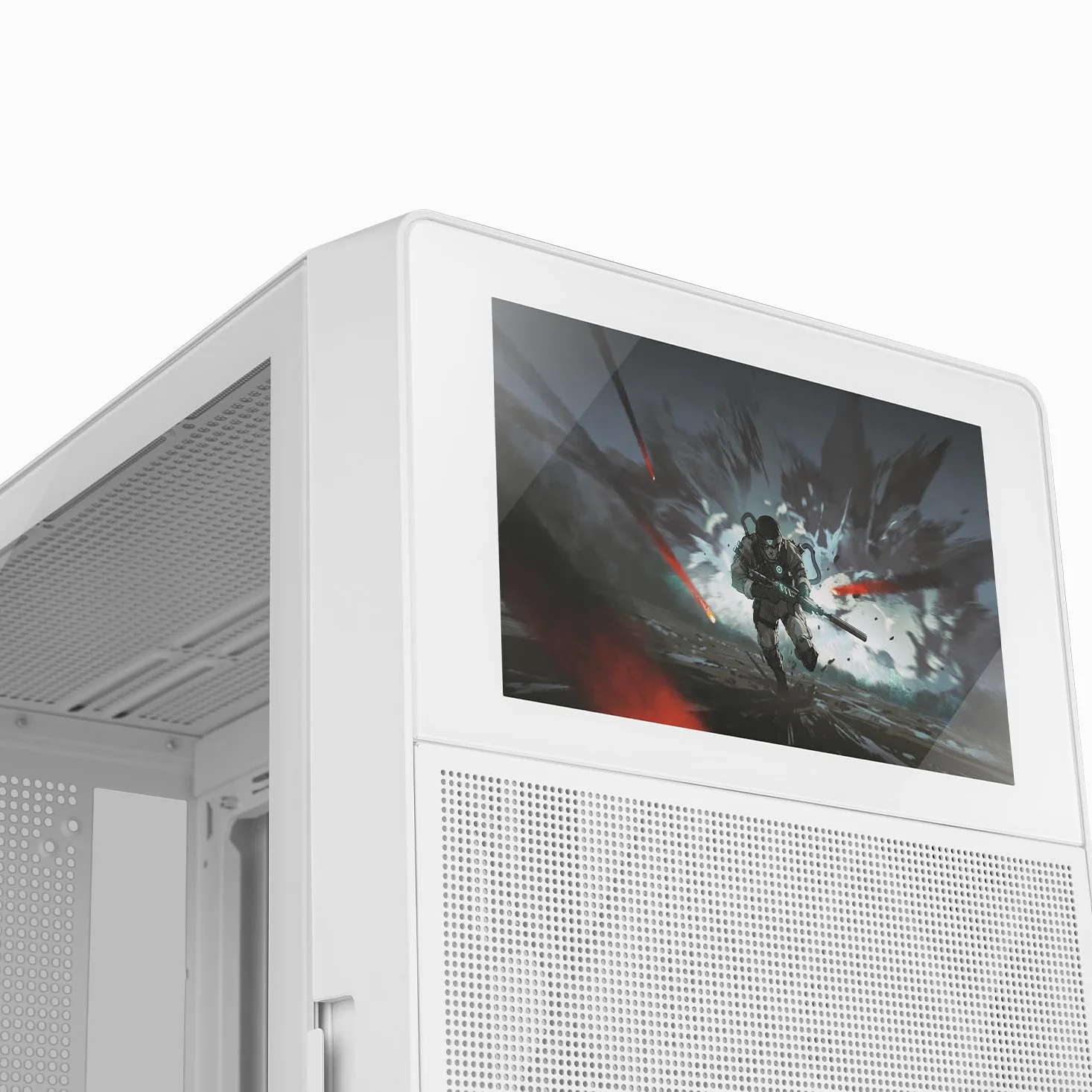 NOX XTREME PRODUCTS HUMMER BIOS - Semitower ATX|M-ATX| ITX, Display LCD da 8” personalizzabile, Pannello frontale rete metallica, laterale vetro temperato, Spazio per 11 ventole, USB-C e 3.0, Bianco