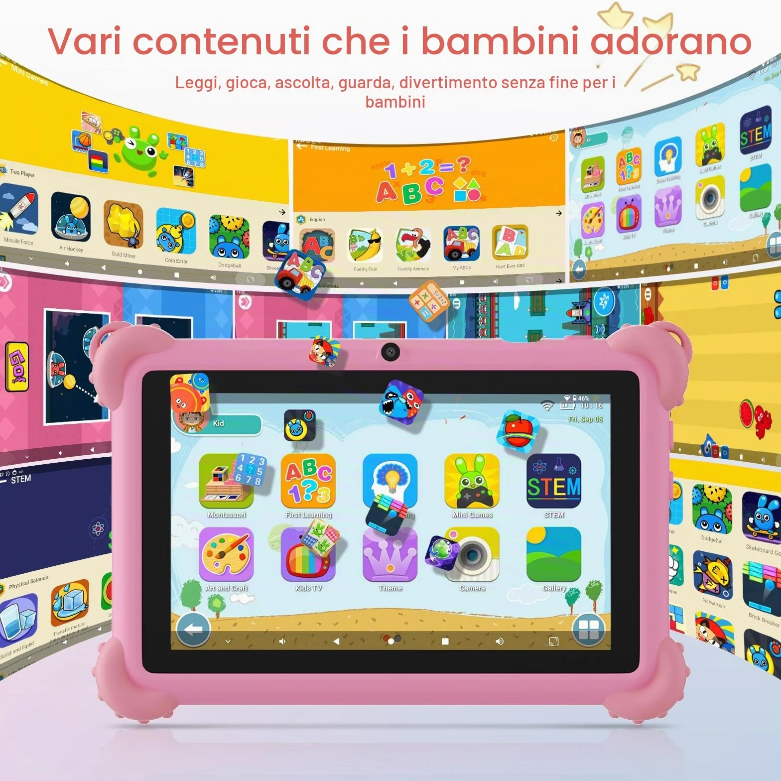 C idea Tablet per bambini Android 15, schermo 7 pollici 1024 x 600, 6 GB (3+3) di RAM + 32 GB di ROM, batteria 2500 mAh, applicazioni per bambini preinstallate, compatibile WiFi e Bluetooth (rosa)