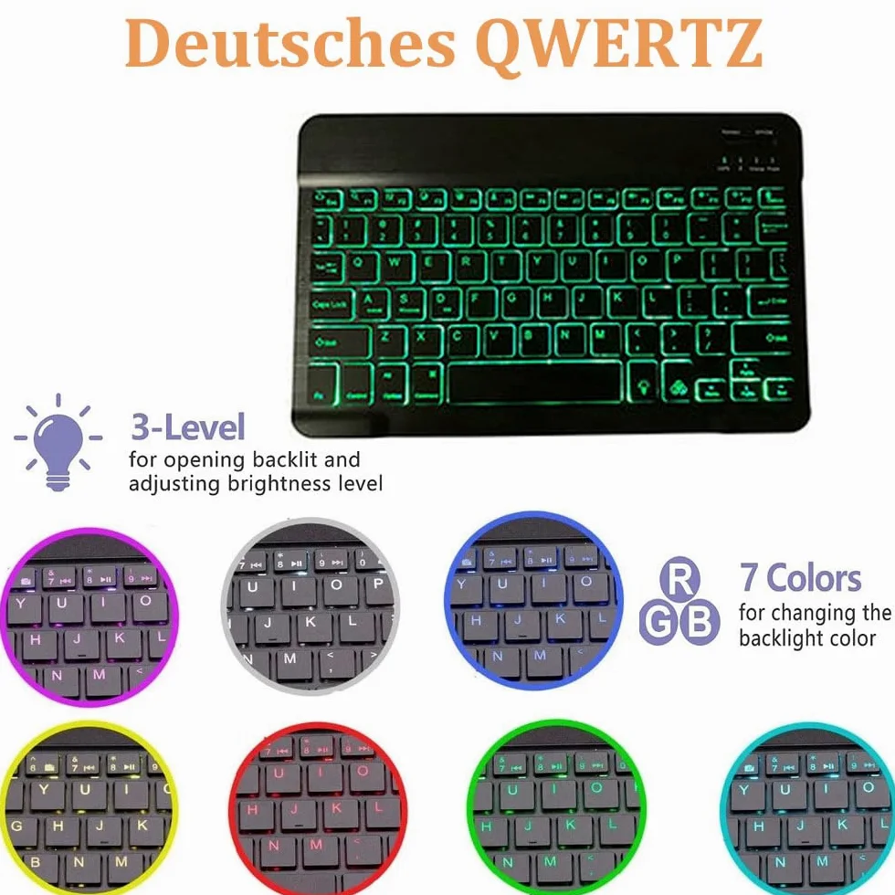 Custodia con tastiera per Lenovo Yoga Tab da 11,1 pollici, tablet 2025 con tastiera a 7 colori, magnetica, wireless, Bluetooth, rimovibile, QWERTZ tedesco, colore nero