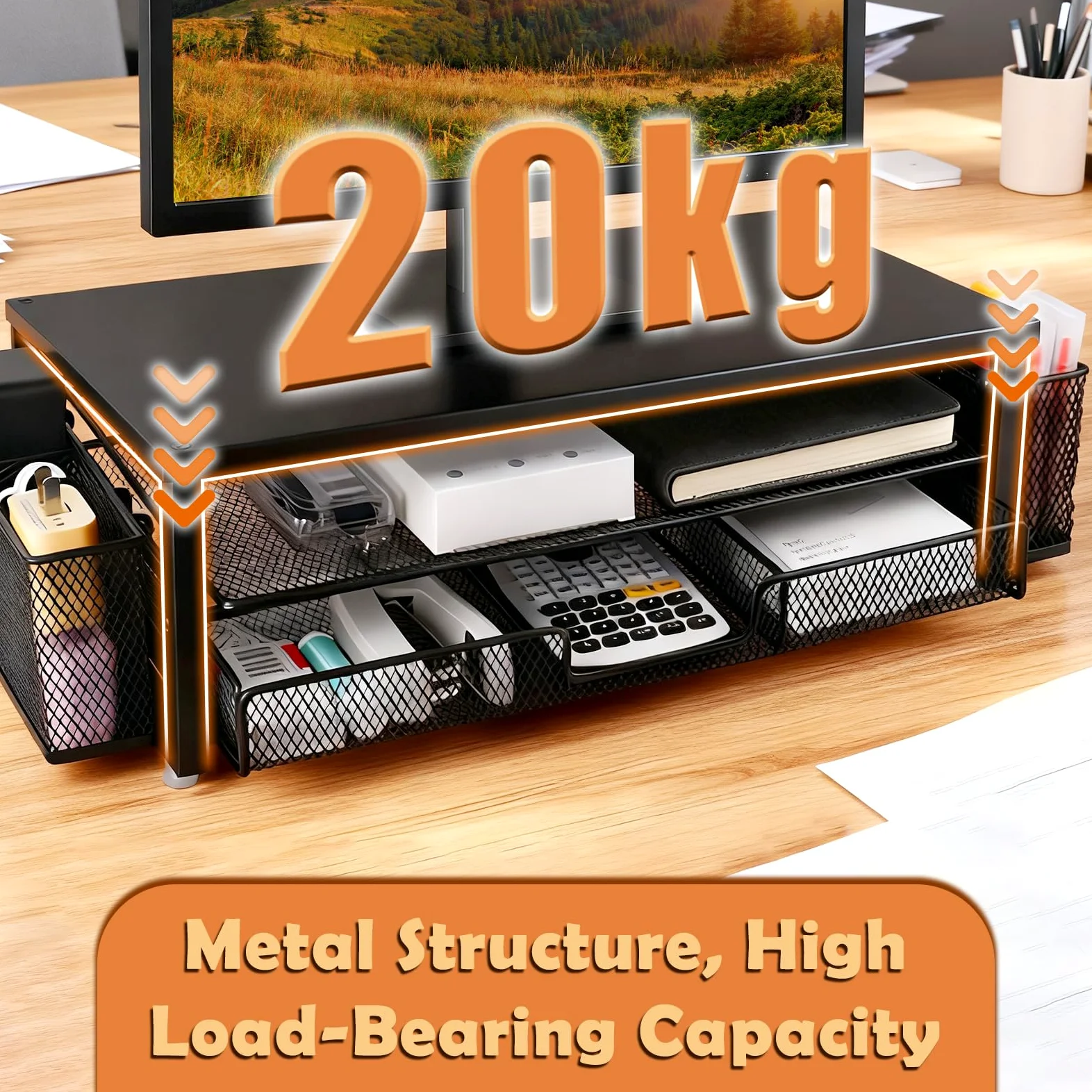 Supporto per monitor regolabile in altezza con portapenne, organizer da ufficio in metallo robusto, ripiano da scrivania per laptop, tastiera, monitor, spazio per accessori da ufficio