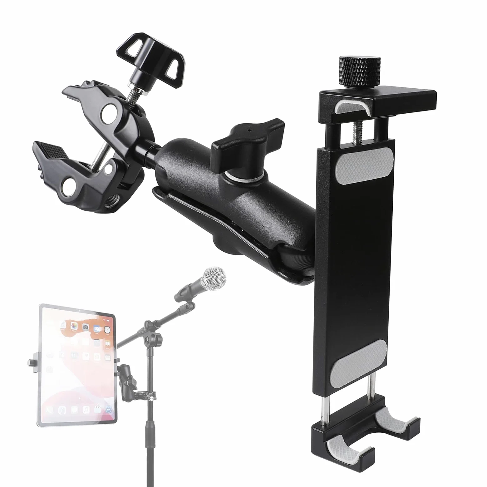 Supporto per tablet in alluminio per microfono, supporto laterale per tutti gli iPad, girevole a 360 gradi con morsetto super compatibile per iPad Pro 12.9, Air, Mini, Galaxy Tabs, tablet da 4,7-15