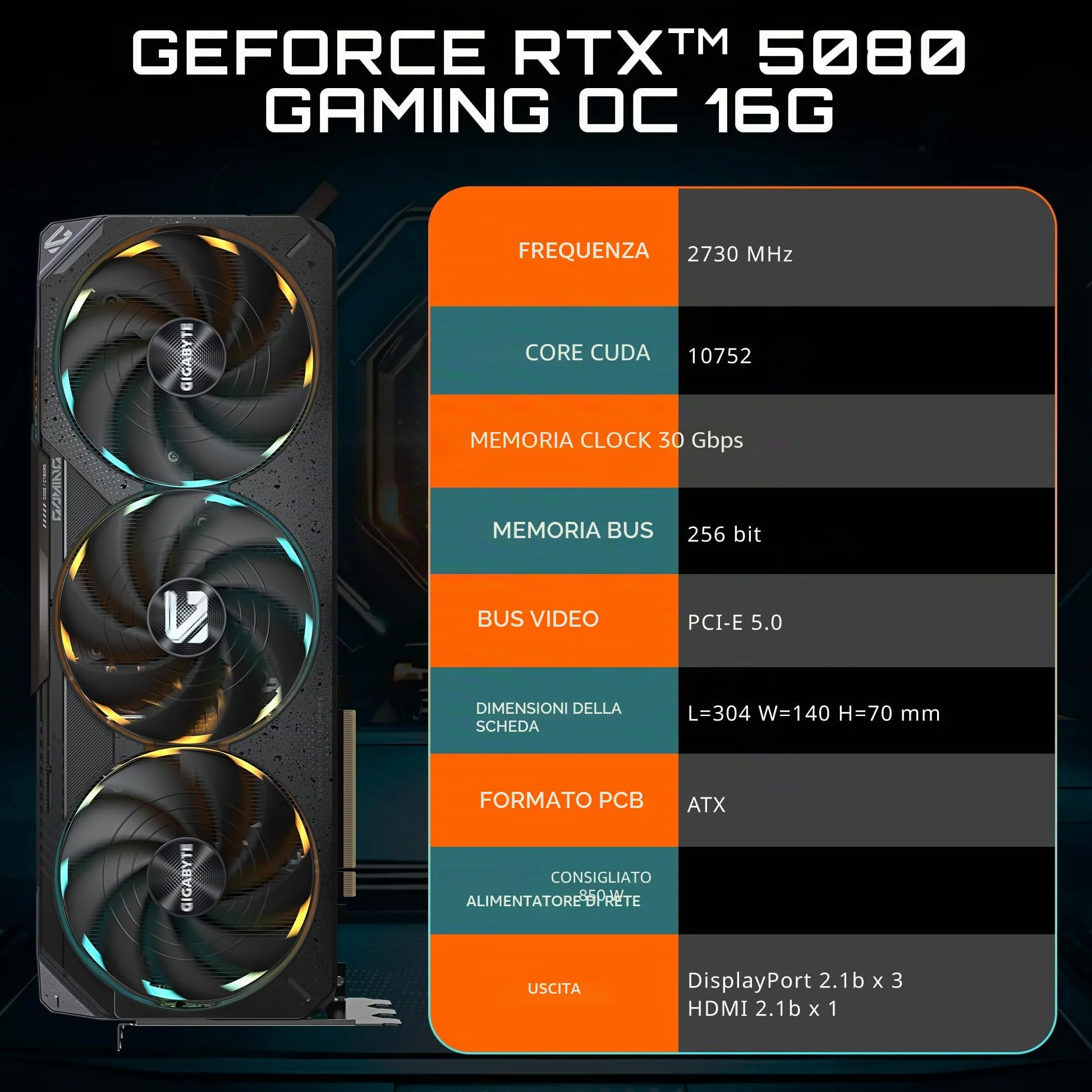 GIGABYTE GeForce RTX 5080 Gaming OC 16G Scheda grafica WINDFORCE Sistema di raffreddamento 16 GB 256 bit GDDR7, GV-N5080GAMING OC-16GD Scheda video