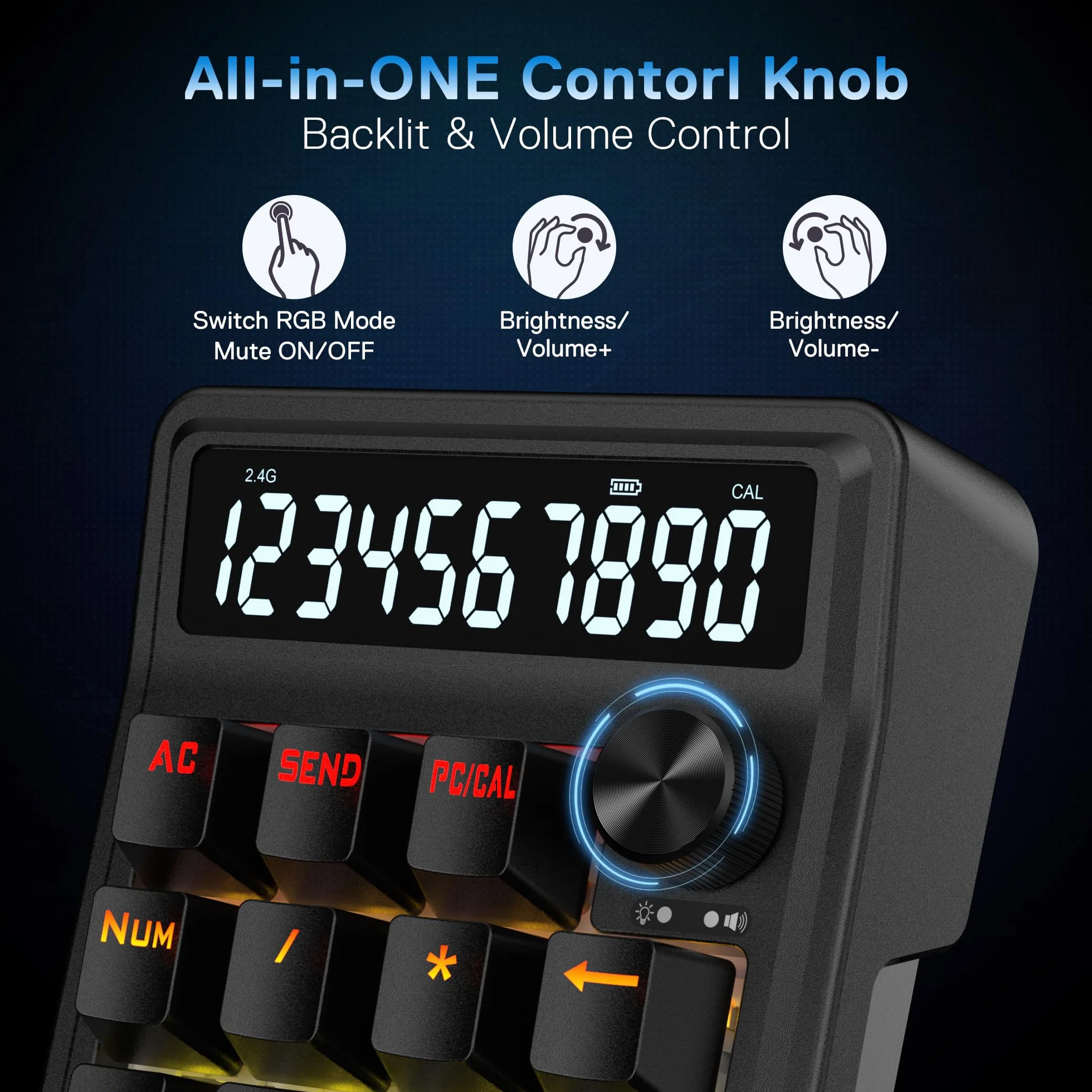 Redragon K733 PRO - Cuscinetto numerico RGB con guarnizione wireless, tastierino numerico meccanico a 22 tasti w/PC e modalità di calcolo, display calcolatrice a 10 cifre, controllo manopola