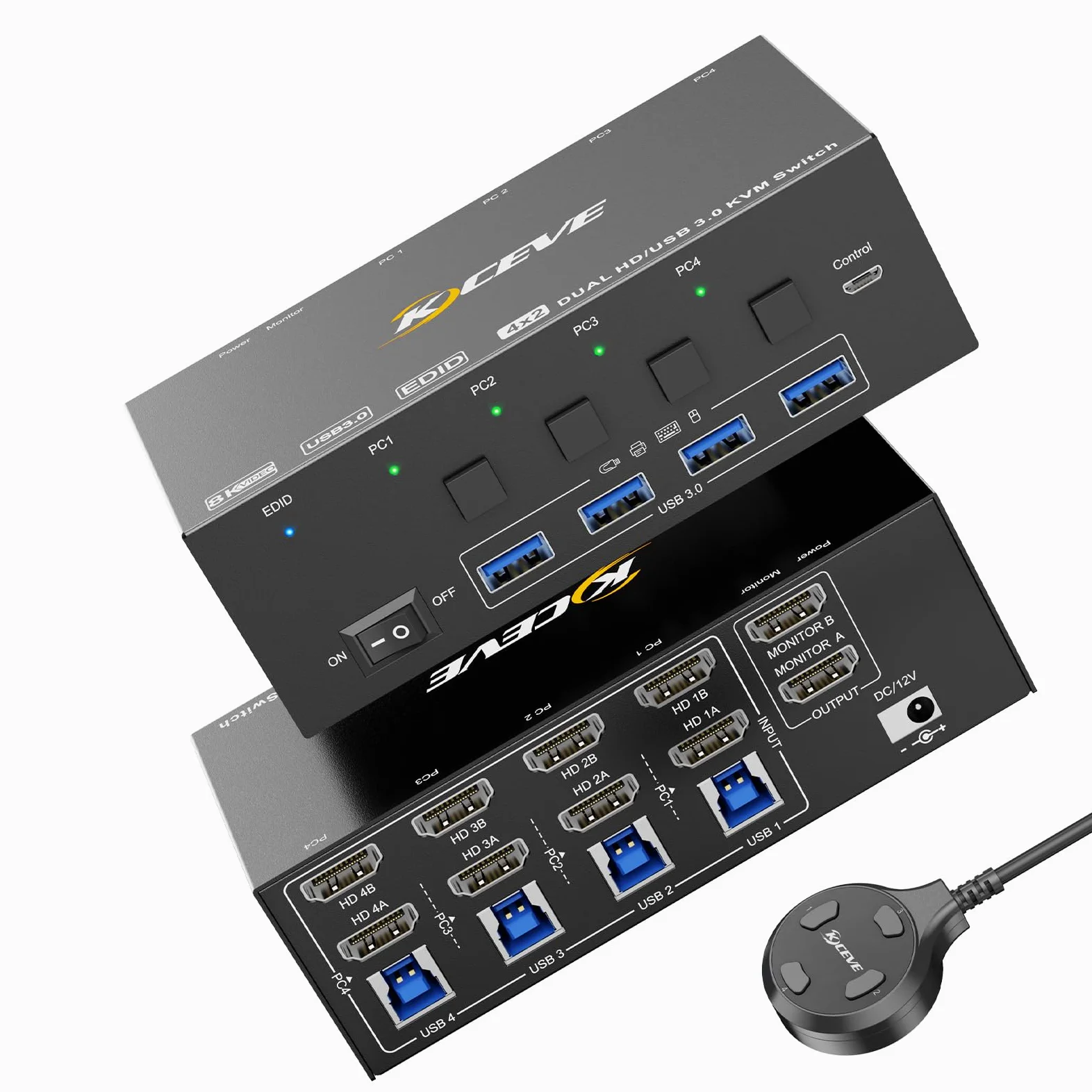 Switch KVM 2 Monitori 4 PC, KCEVE 8K@60Hz, 4K @144Hz USB 3.0 HDMI KVM Conmutador KVM con EDID EDID per 4PC Share Mouse Tastiera e Monitor, Chip stabile, Alta Compatibilità