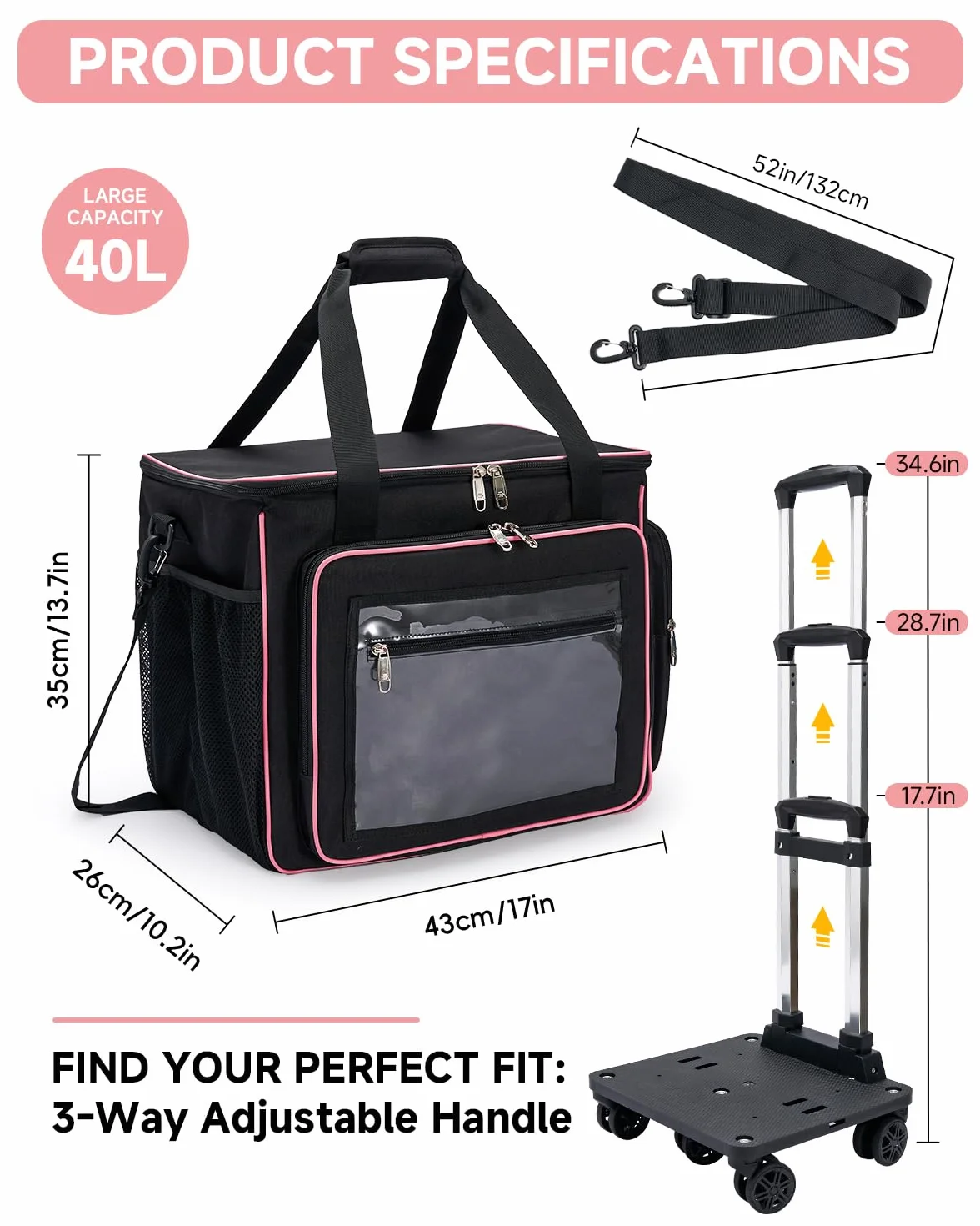 Amythe Rolling Teacher Tote Bag con ruote, borsa per computer portatile da donna, scomparto per laptop da 15,6", nero