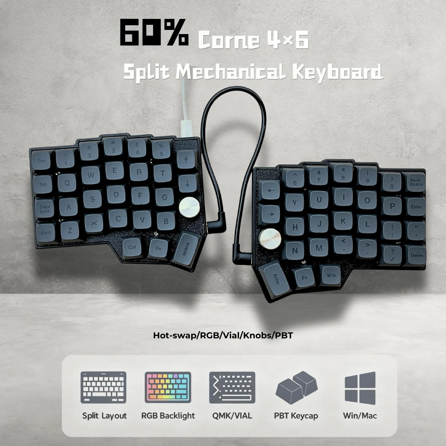 Layout angolare a 46 tasti con manopole, tastiera meccanica ergonomica cablata, 60% Orthol inear Layout, hot-swap, RGB, supporto per rimappatura fiale, interruttori lineari pre-lubrificati