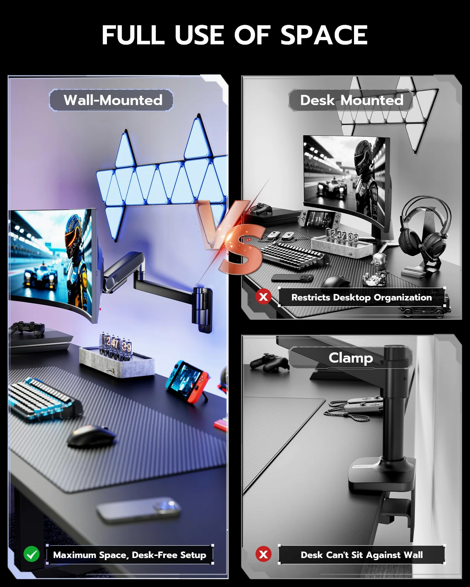 ARES WING Supporto da parete per monitor da 24 – 57 pollici, schermo LED/LCD/TV fino a 27 kg, molla a gas, supporto da parete, inclinabile, orientabile VESA 75/100, supporto per monitor per ufficio e
