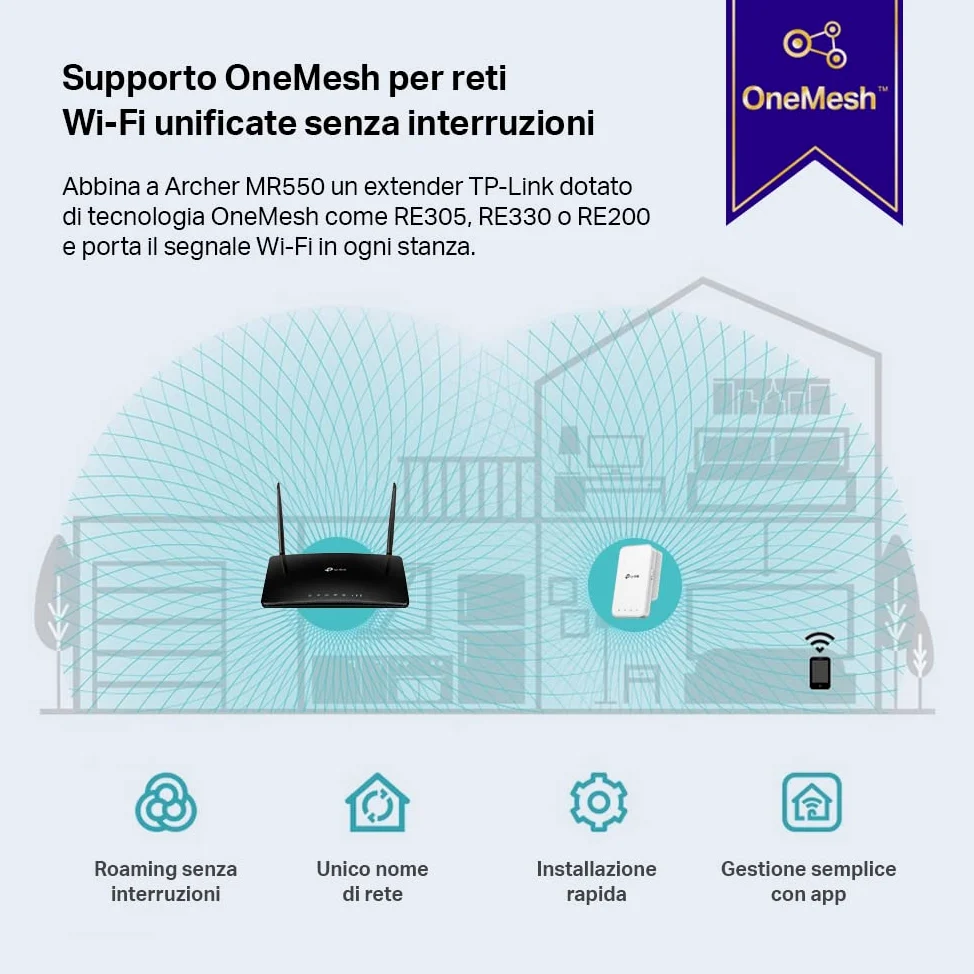 TP-Link Archer MR550 4G+ Cat6 300Mbps Router, Wi-Fi AC1200 Dual Band, 4g Router with Sim, Nano SIM, Gigabit LAN/WAN Port, MU-MIMO, No Configuration, TP-Link OneMesh Technology