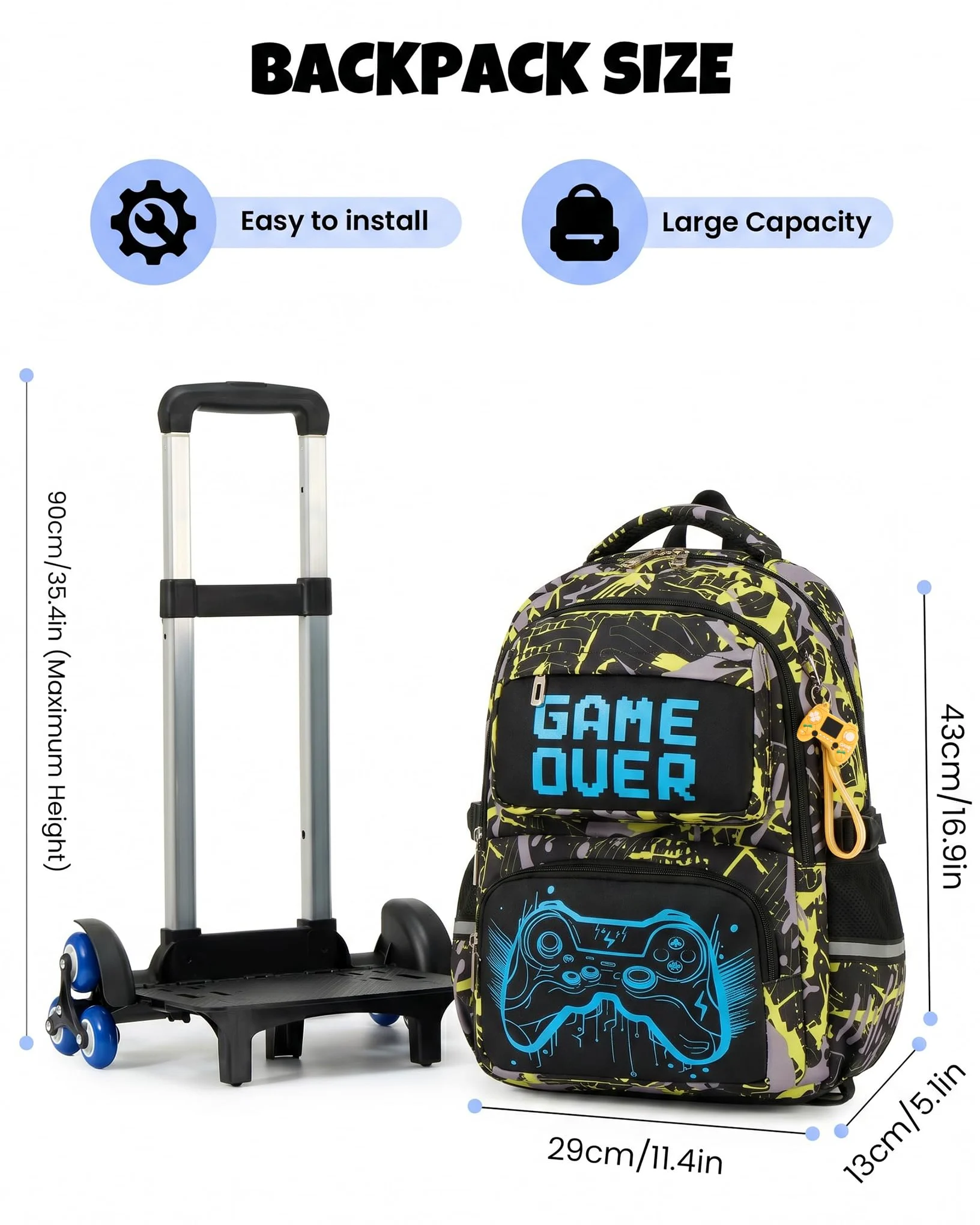 Amythe Zaino Trolley Scuola Ragazzi 8 a 12 anni con 6 Luminoso, Giallo | Impermeabile Grande Riflettente Leggero Giallo Daypack Multitasche Capiente Resistente per Scuola Viaggio Escursione