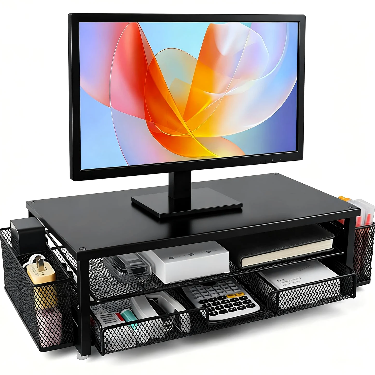 Supporto per monitor regolabile in altezza con portapenne, organizer da ufficio in metallo robusto, ripiano da scrivania per laptop, tastiera, monitor, spazio per accessori da ufficio