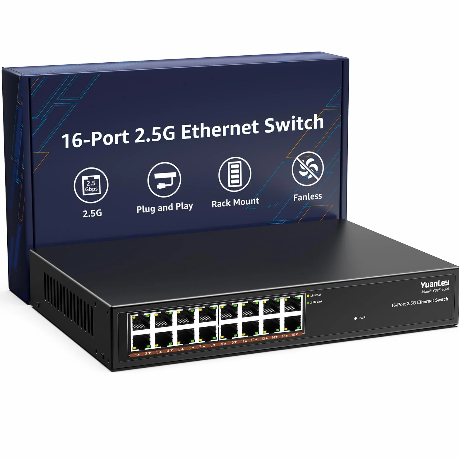 Switch Ethernet non Gestito YuanLey a 16 Porte 2,5GB, 16 Porte 2,5G Base-T, Compatibile con 100/1000/2500Mbps, Struttura in Metallo, Switch di Rete 2,5 Gigabit YuanLey per AP Wireless, PC