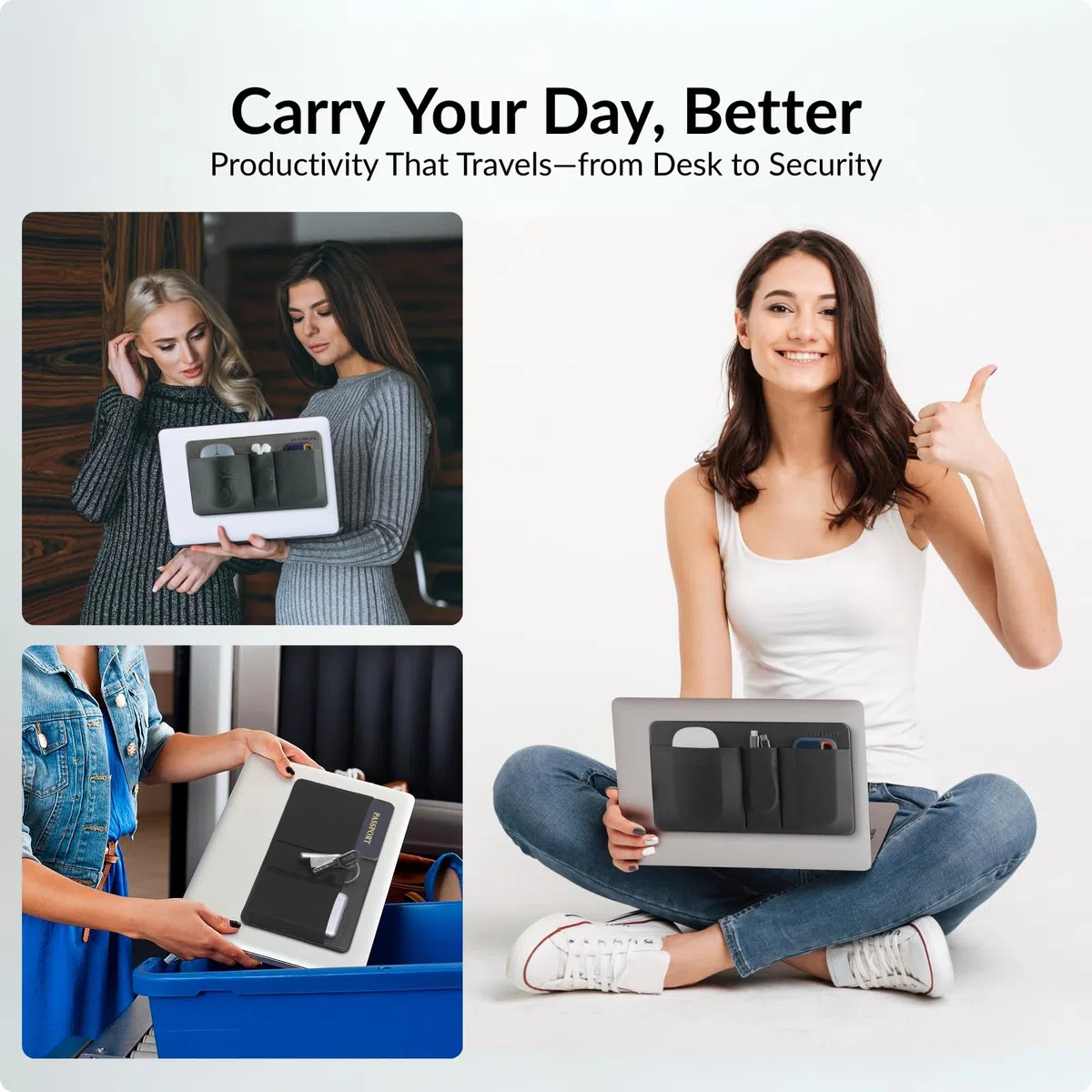 3-Pocket Storage Bag, Organizer adesivo per accessori per laptop, per HDD portatile, SSD, unità USB, mouse, cavi, grigio