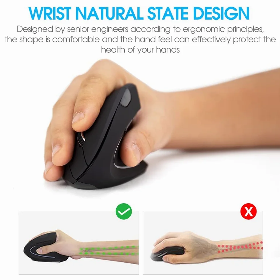 Mouse verticale senza fili nero ergonomico mouse verticale ad alta precisione Ergo ottico 2.4G Mouse da gioco leggero senza fili con 3 pulsanti DPI800/1200/1600 regolabili per PC/laptop/desktop/Mac 6