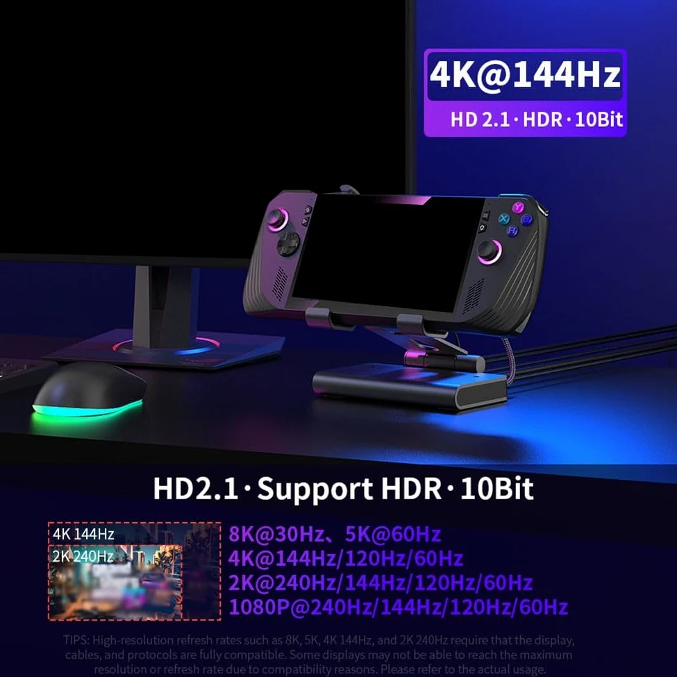 Docking Station per ROG X, Steam Deck, per legion Go, Switch - 4K@144Hz 2.1, 85W di ricarica, doppie ventole di raffreddamento, Gigabit Ethernet, Hub USB 3.1 per console portatili