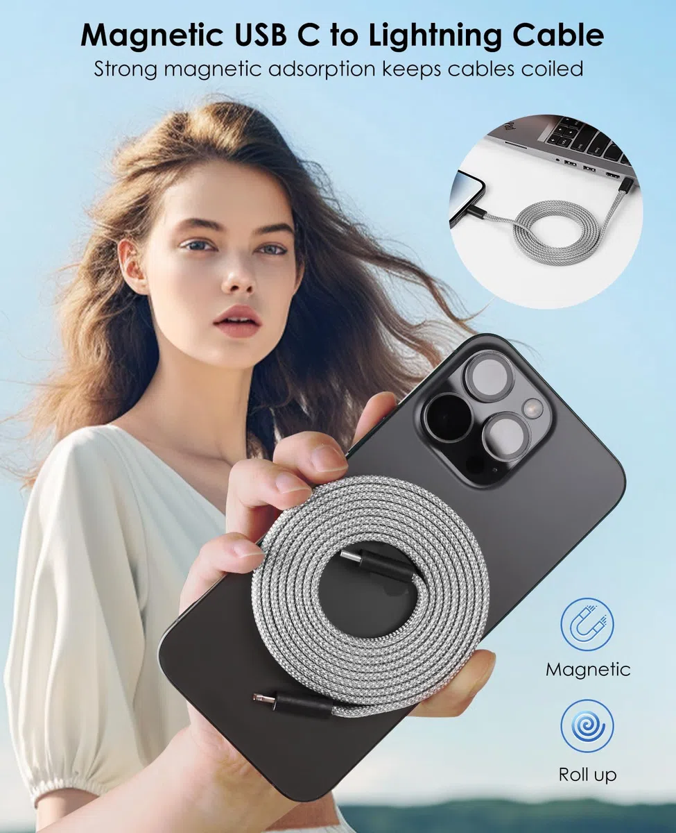 Magtame Cavo magnetico da USB C a Lightning, 1,5 m, certificato MFi, ricarica rapida PD 3.0, cavo piatto retrattile intrecciato compatibile con Phone 14 13 12 11 Pro Max XR XS X