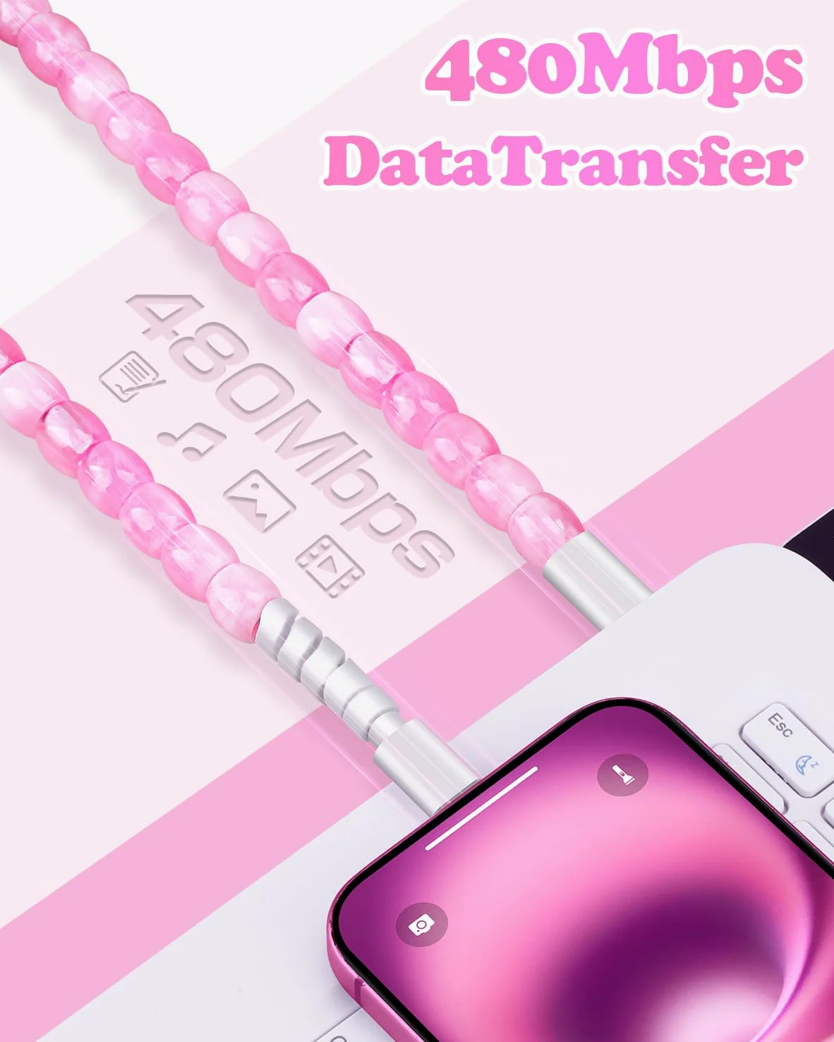 Cavo USB per iPhone 16 con perline cavo di ricarica 66 W ricarica rapida USB C a USB C cavo da 0,9 m elegante e durevole cavo di ricarica in rilievo tipo C caricabatterie ragazze donne per iPhone 15
