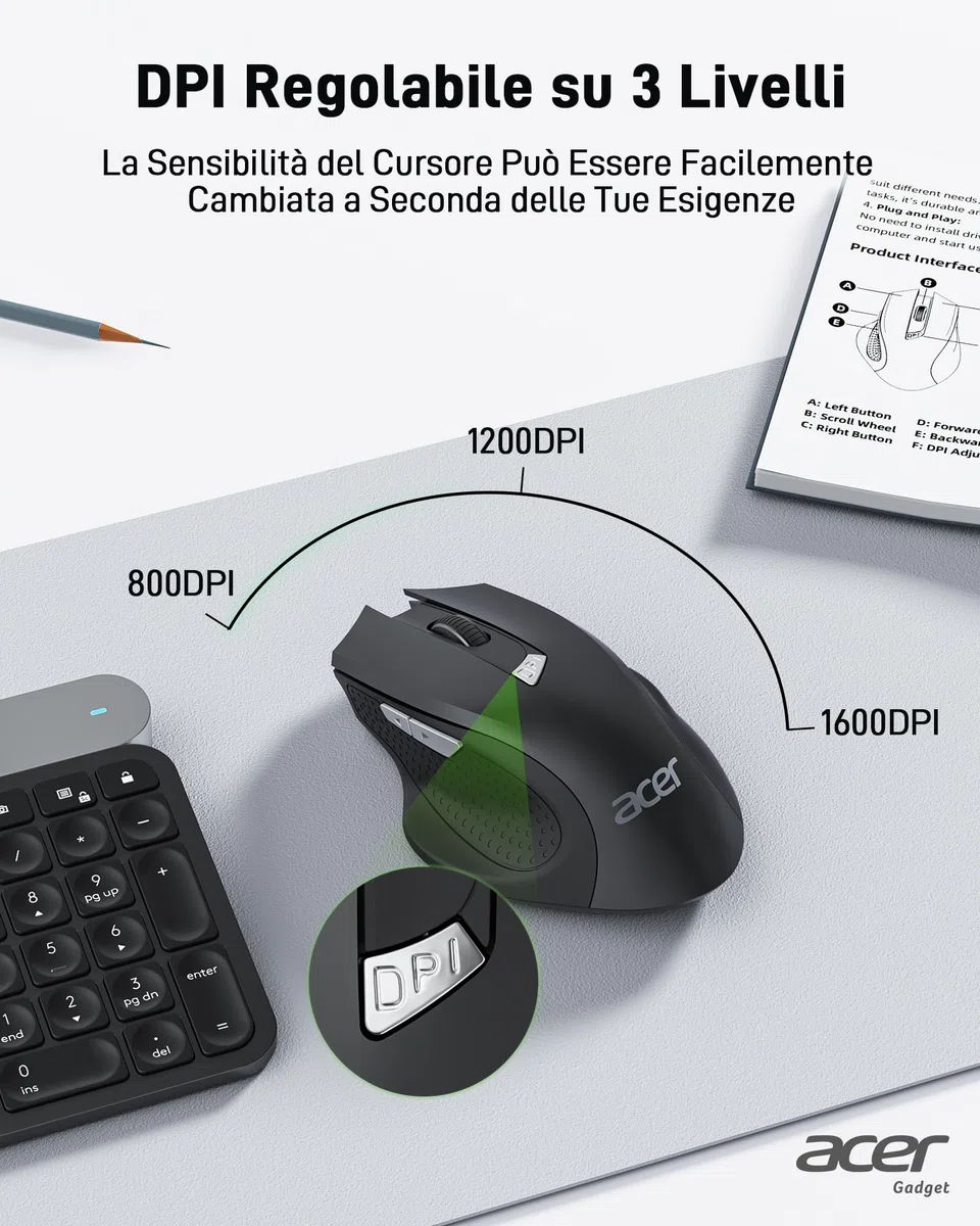 Acer Mouse Senza Fili, Mouse Wireless USB 2,4 GHz, Mouse Computer Ergonomico Con Mini Ricevitore USB, 6 Pulsanti, 1600 DPI, Compatibile con Laptop, PC, Mac, Chromebook