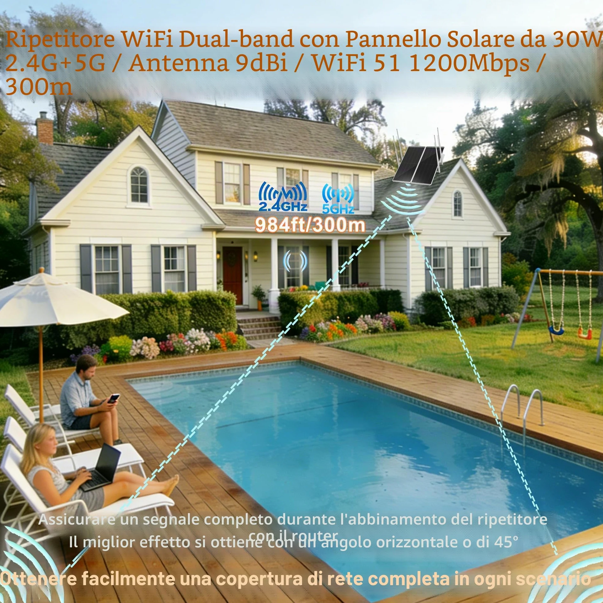 Ripetitore ripetitore WiFi da 30W per esterni,Dual Band,5,8 G/2,4G,copertura 300m, 1200Mbps,batteria 111Wh,IP65,supporta 100 dispositivi,per cortile,fattoria,ufficio, uso commerciale