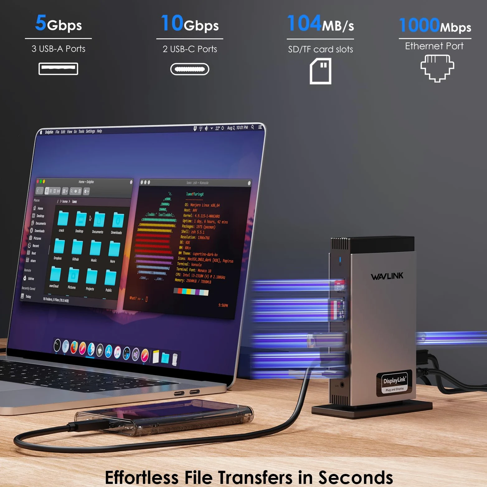 WAVLINK USB C Laptop Docking Station 3 HDMI, DisplayLink Triple 4K60Hz, Triplo Display per M1 M2 M3 M4 M5 Mac/Windows, 5 Porte USB, 2DP, Compatibile con MacBook Neo(Nessuna ricarica del laptop)