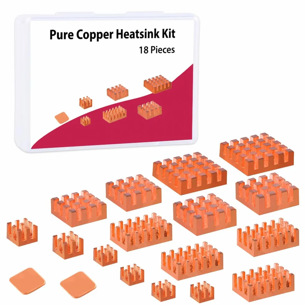 GeeekPi Dissipatori di calore in rame puro per Raspberry Pi 5/4B, raffreddamento CPU con nastro adesivo conduttivo termico, 18 pezzi