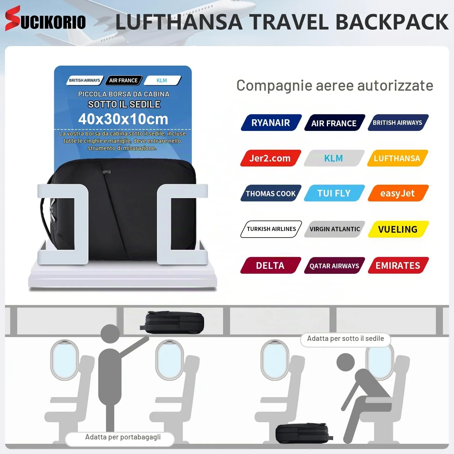 40X30X10cm Lufthansa Air France British Airways Zaino da Viaggio Aereo Bagaglio a Mano, Impermeabile Nylon Zaini Bagaglio a Mano Uomo Donna Zainetto Porta PC 14 Pollici per Scuola, Viaggio