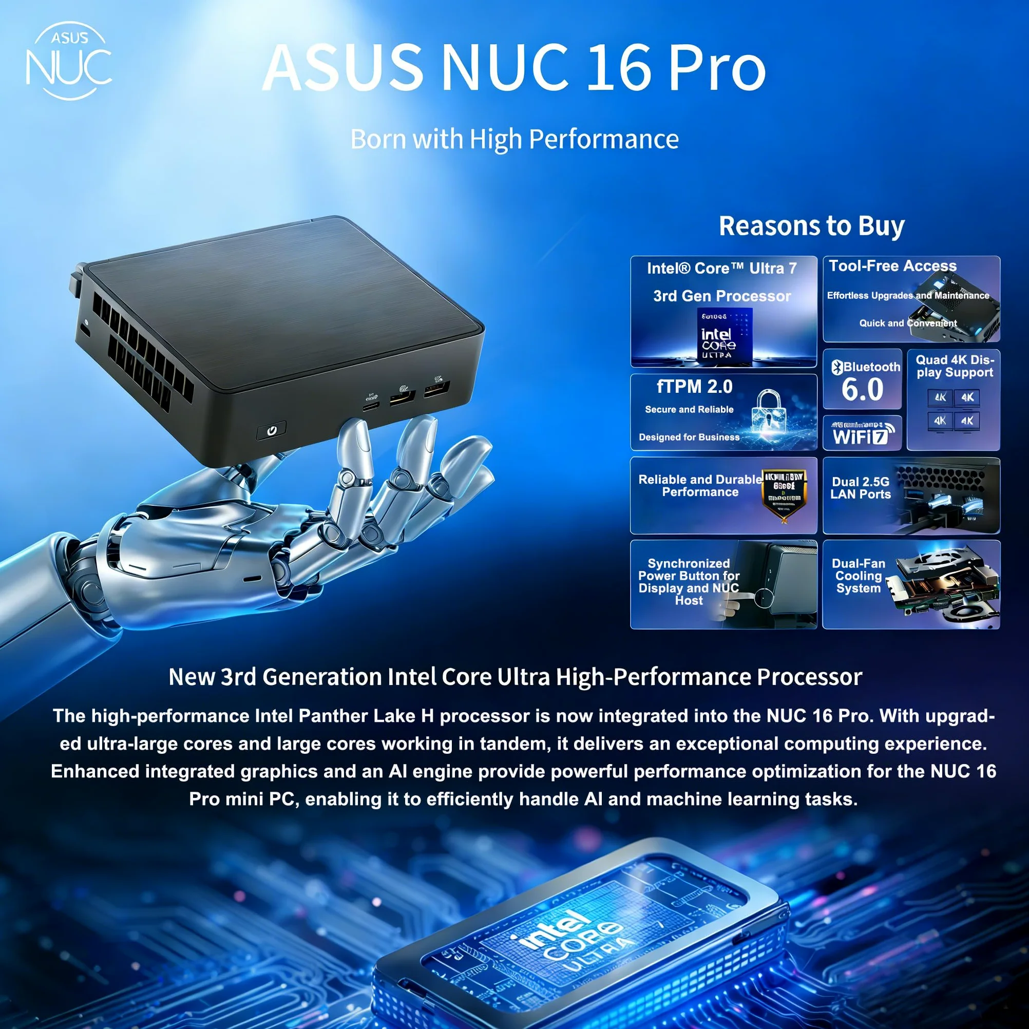 NUC 16 Pro Mini PC NUC16GDKU7, processore Intel Core Ultra 7 356H, Wi-Fi 7, Bluetooth 6.0, Dual 2.5G LAN, Thunderbolt 4, nero, 144 mm x 117 mm x 42 mm (16 GB RAM + 512 GB SSD)