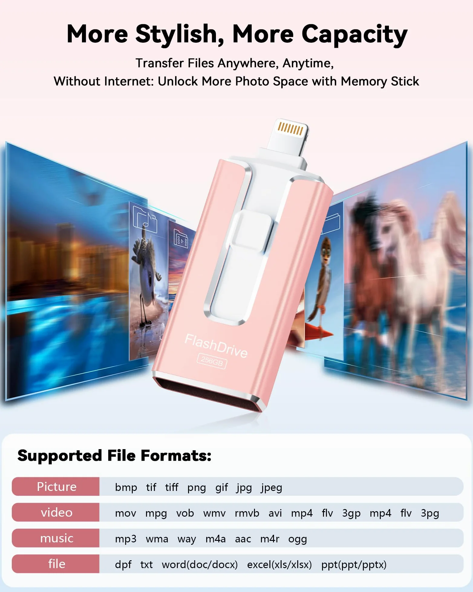 Chiavetta USB 3 in 1 certificata MFi per archiviazione di foto e video (rosa)