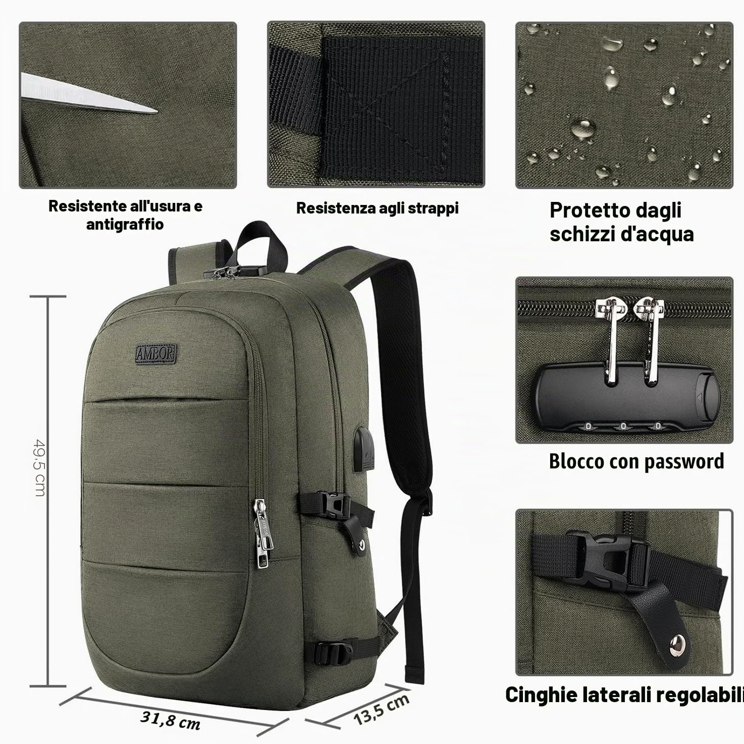AMBOR 17,3'' Zaino da Viaggio, Zaino Porta PC con Porta USB di Ricarica | Resistente All'Acqua Antifurto Zaino Viaggio Da Uomo Con Scomparto Per Notebook, Multifunzionale Per Lavoro, Studio, Volo