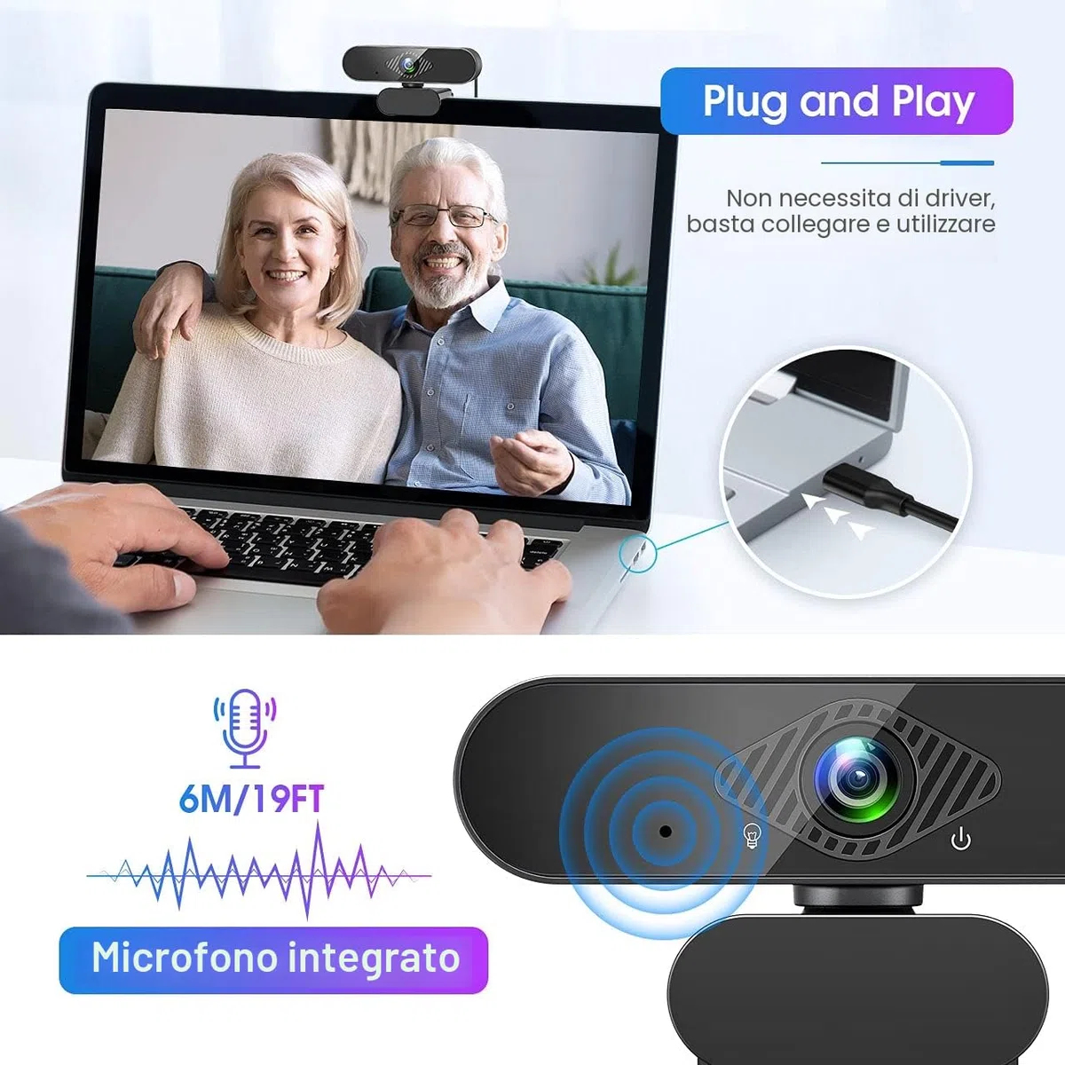Webcam, Webcam per PC con Microfono 1080P con Video Camera USB 2.0 per Laptop, Desktop, Smart TV per Videochiamate, Conferenza, Studio e Lavoro