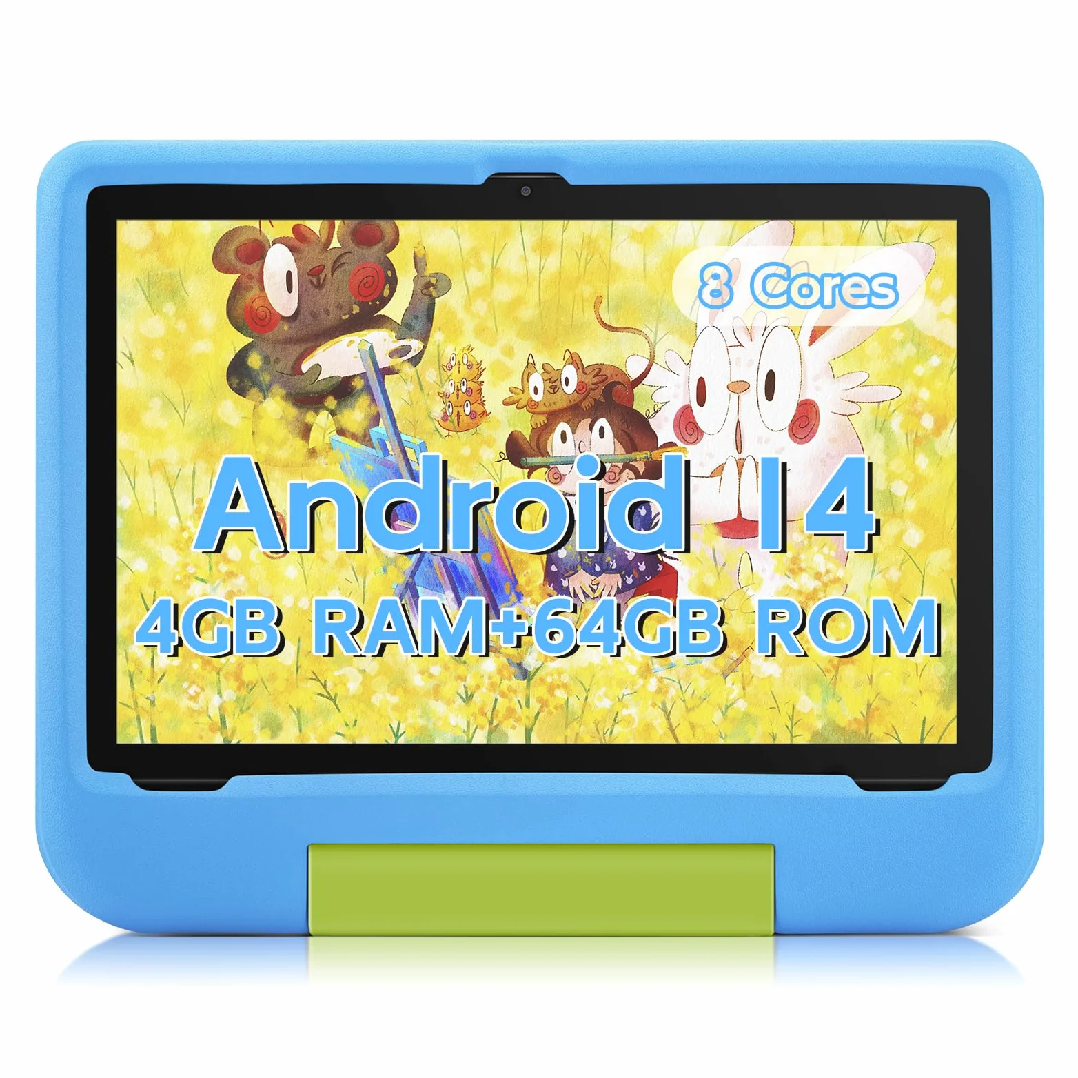 Tablet per bambini da 10 pollici, Android 14, Octa-Core 8 (4+4) GB+64 GB, dispositivo IPS HD per bambini, WiFi 6, doppia fotocamera, GMS, modalità di controllo parentale (custodia EVA blu)
