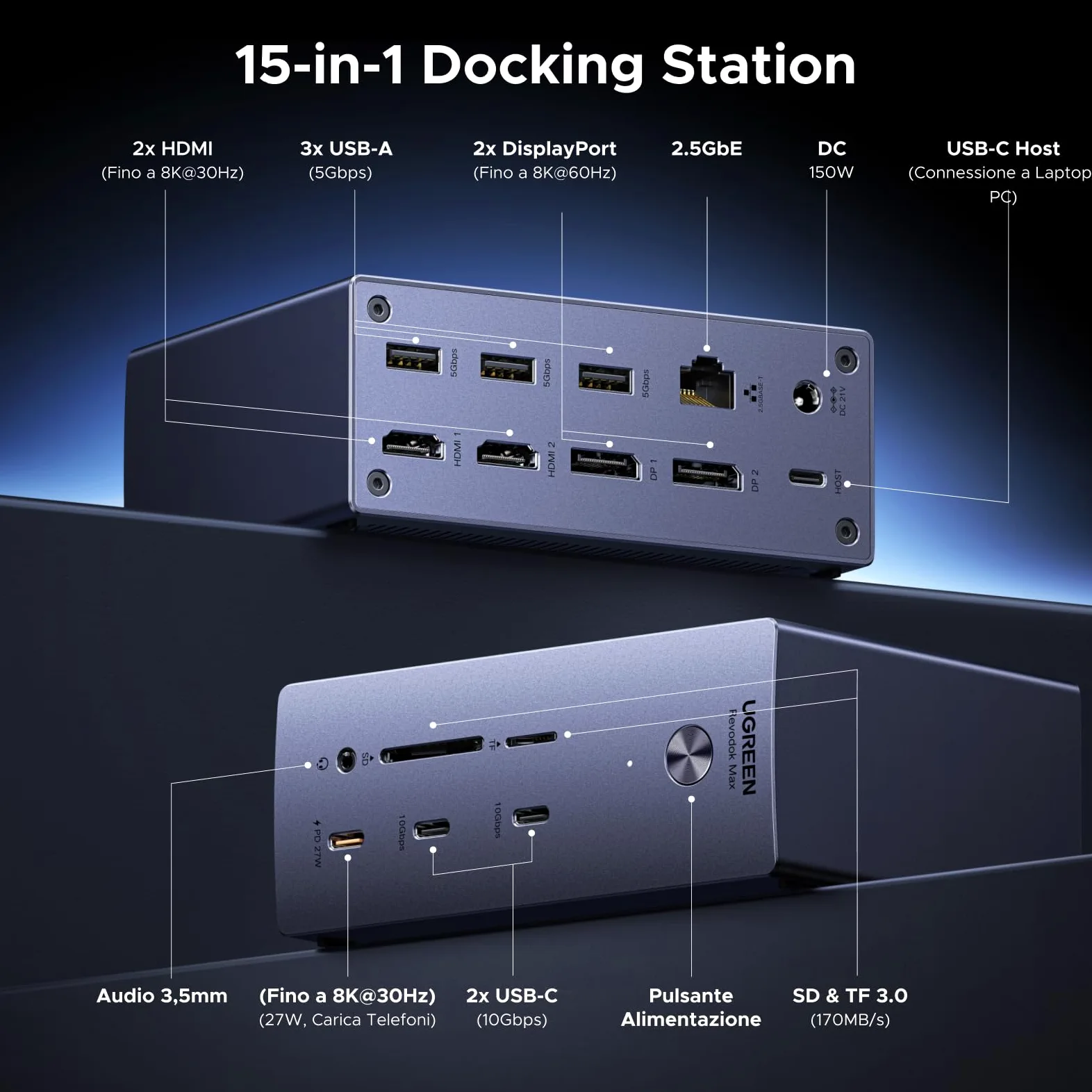 UGREEN DisplayLink 15 in 1 Docking Station USB C Quadruplo Display per Mac | 2 DP, 2 HDMI, Unico 8K, Quattro Schermi 4K, 10Gbps, RJ45 2,5GbE, Ricarica PD 100W, SD TF, Audio 3.5mm, CC 150W