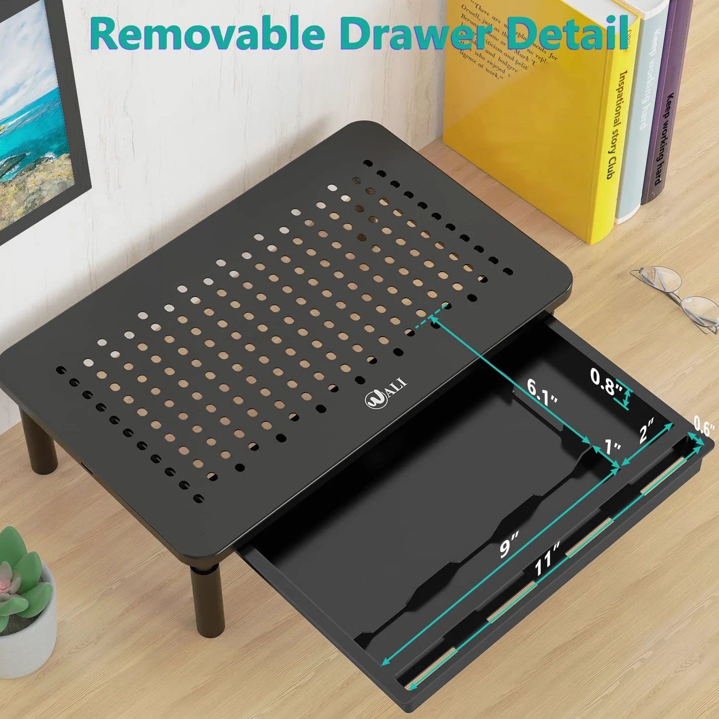 WALI Supporto per monitor del computer con contenitore, regolabile in altezza a 3 livelli, per laptop con prese d'aria, organizer da scrivania per computer, laptop, stampanti, notebook (STT003D-B),