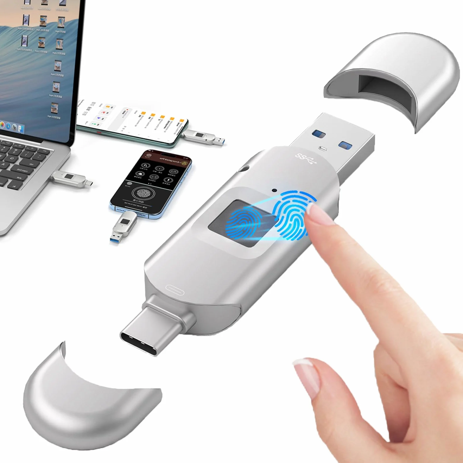 Chiavetta USB 3.0 Con Impronta Digitale, Unità USB Da 64 Gb/128 Gb/256 Gb/512 Gb per iPhone 15/iPad/Android/Windows/Mac, Memory Stick Con 60 Id Di Impronte Digitali Consentiti 64GB