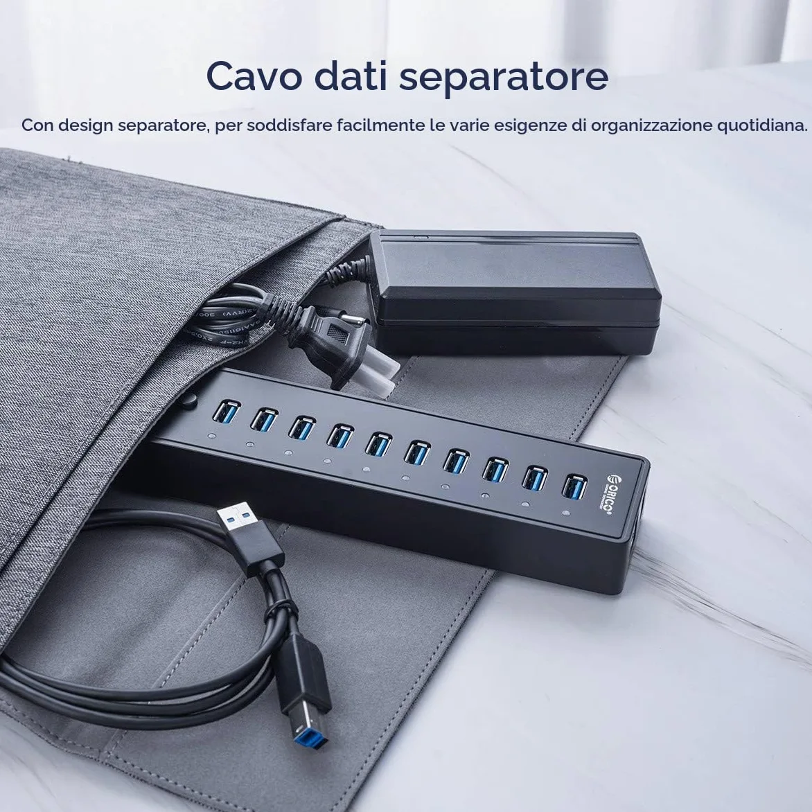 ORICO 10 Portes Hub USB 3.0 con Interruttore di Alimentazione e Adattatore di Alimentazione 45W (12V4A), Hub Dati a 5 Gbps di Alta Velocità per PC Desktop Computer Notebook MacBook iMac