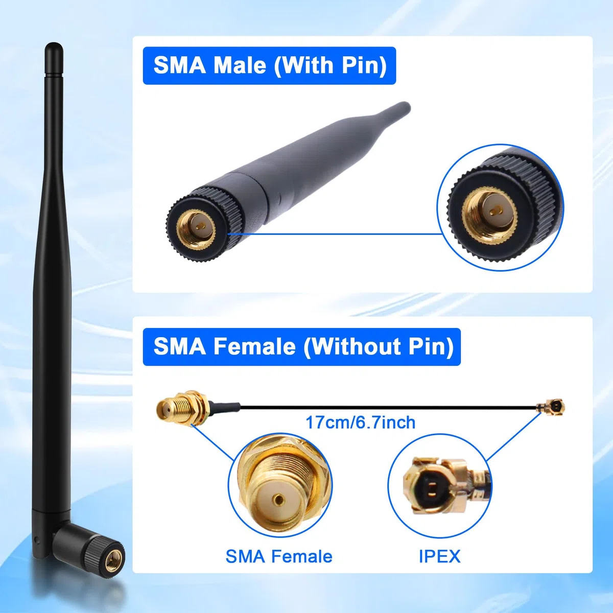 Antenna LoRa 868 MHz 5 dBi SMA maschio 195 mm + cavo femmina IPEX per tastiera mesh, ESP32 OLED, HTCC-AB02S, 50 Ω, VSWR < 1,5 (5 pezzi)