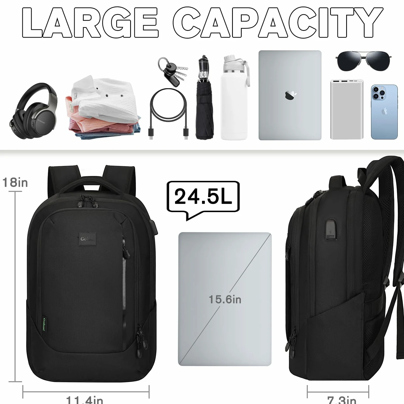 Goloni Zaino leggero e casual per computer portatile, borsa da viaggio classica, con porta di ricarica USB, per uomini e donne