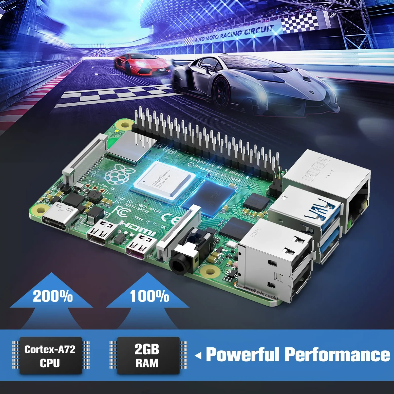 Raspberry Pi 4 Modello B Starter Kit, RPi Barebone 2GB RAM + ROM32GB, Alimentatore 5.1V / 3A con Interruttore, Ventola, dissipatore di calore, 2 cavi Micro HDMI