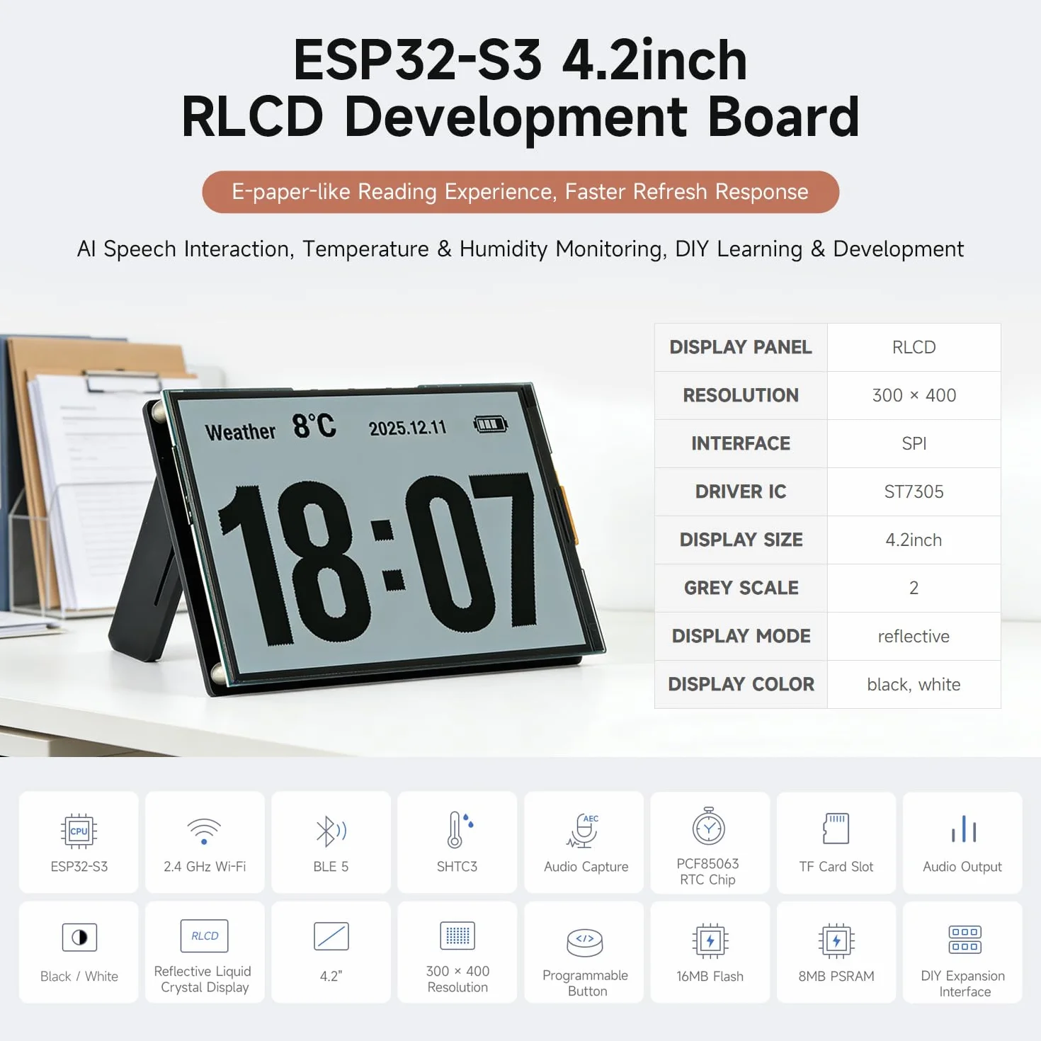 Waveshare ESP32-S3 4.2inch RLCD Development Board, 300 x 400 Resolution, Supports Wi-Fi & BLE Dual-Mode Communication And AI Voice Interaction, without Batt