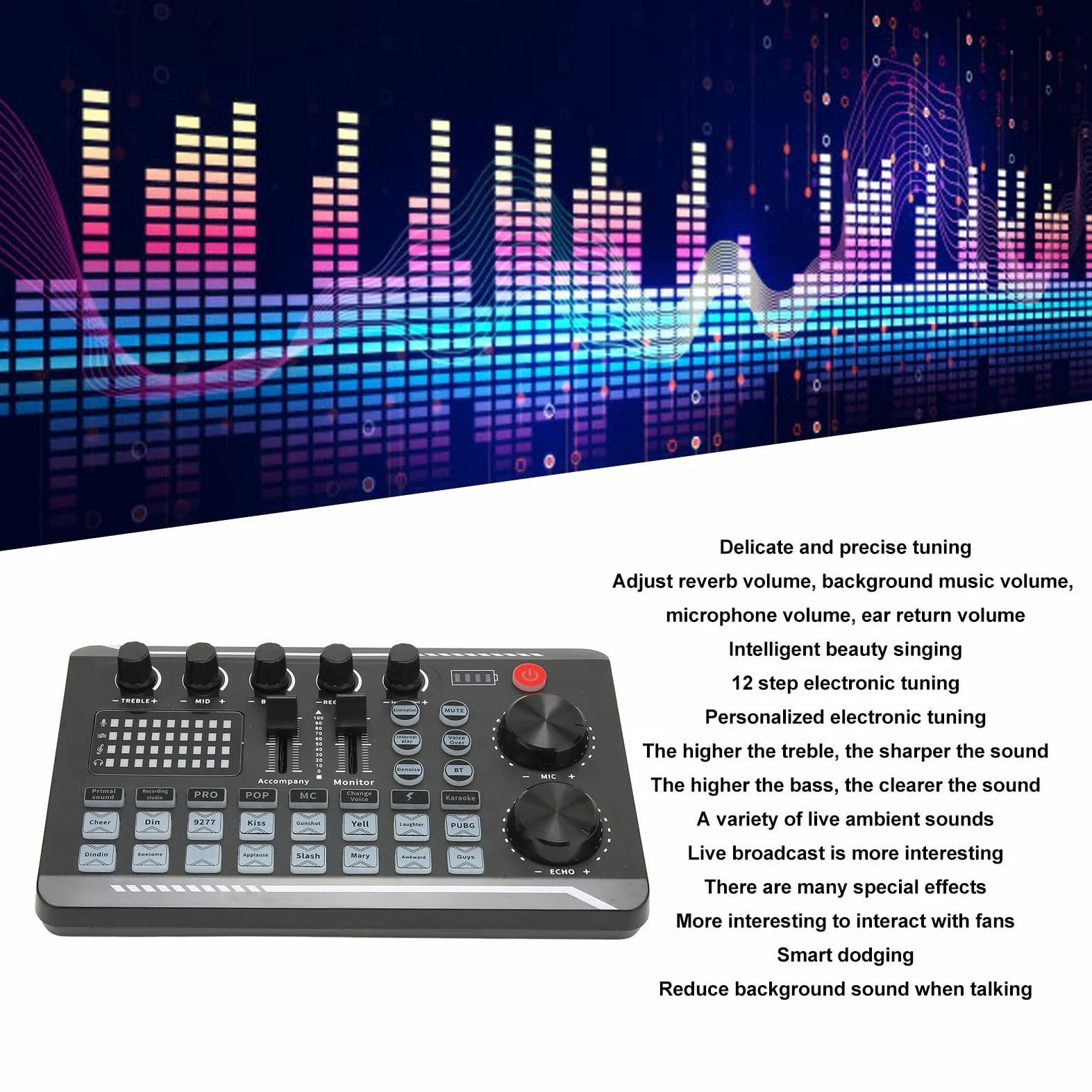Scheda Mixer Sound, F998 Versione Inglese Professionale Scheda audio esterna Professionale, Miscelatore audio per scheda Effetti Sound Change Voice Scheda audio, con effetti sonori multipli, per la