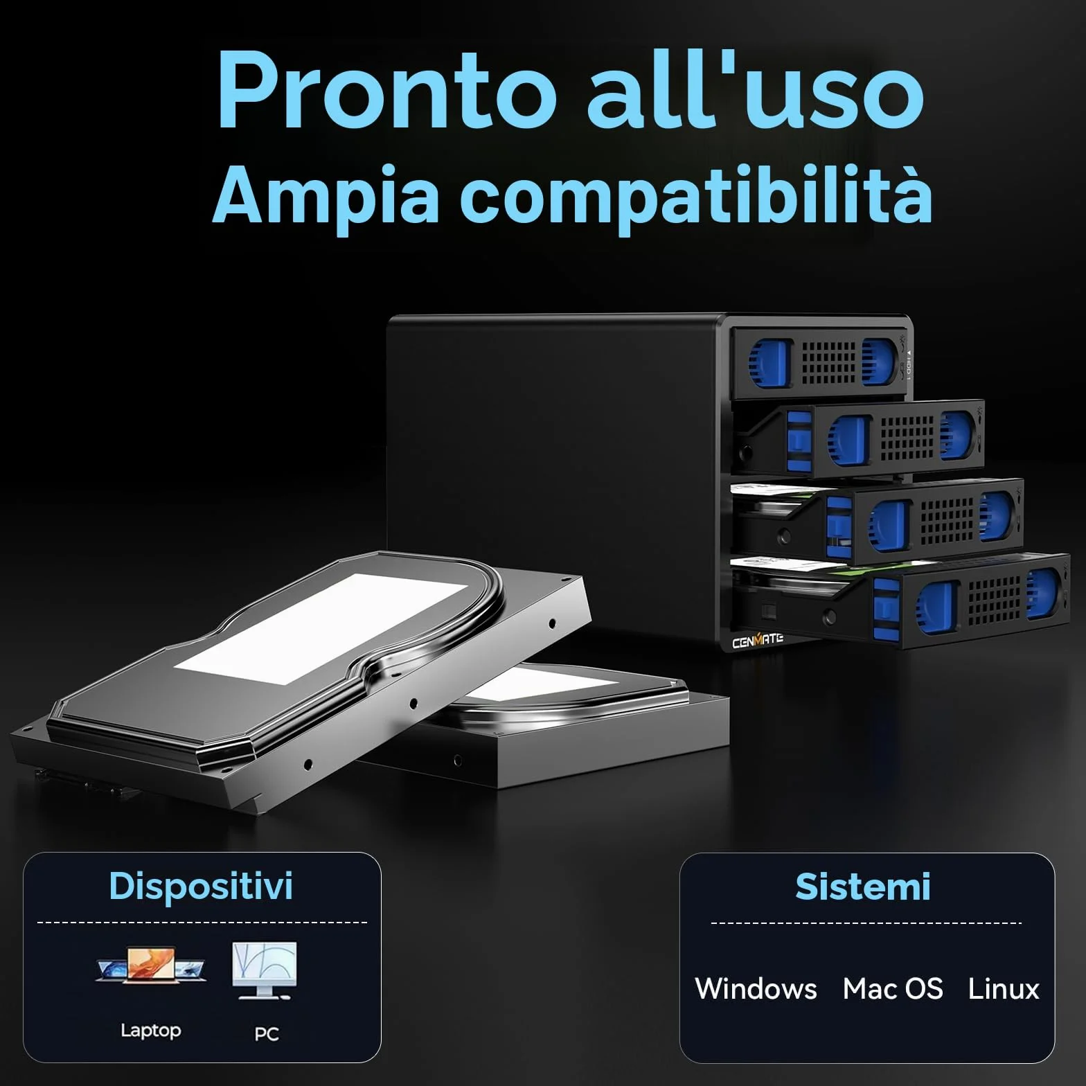 Case Hard Disk, CENMATE 10Gbps Case HDD 4 Bay Alluminio con Ventola per HDD/SSD SATA da 2,5/3,5, USB A/C 3.2, Supporto Sostituzione a Caldo, Senza Attrezzi, DAS (NO RAID/NAS)