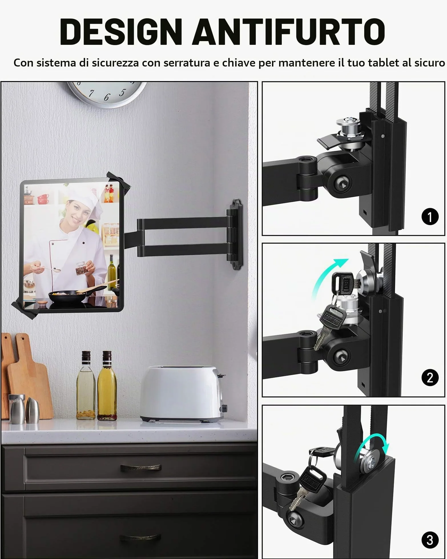 AboveTEK Supporto da Parete per Tablet/iPad/Ardesia/Fuoco da 7 a 11 Pollici, Porta per Tablet con Serratura di Sicurezza Antifurto e Chiave, Supporto Snodato Regolabile con Braccio Lungo(Nero)