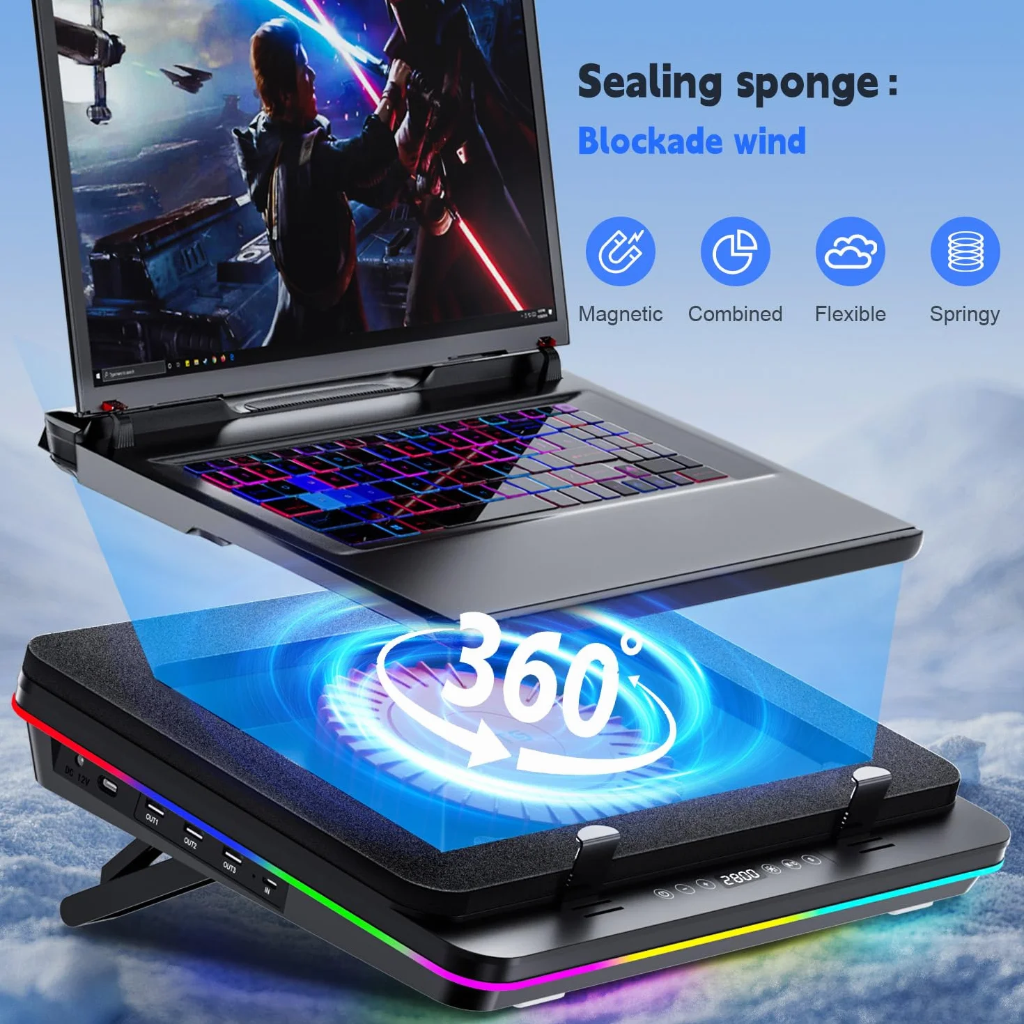 IETS GT600 - Tappetino di raffreddamento RGB per computer portatile con ventola turbo gigante (14 cm di diametro), in schiuma sigillata per un raffreddamento rapido, raffreddamento del computer
