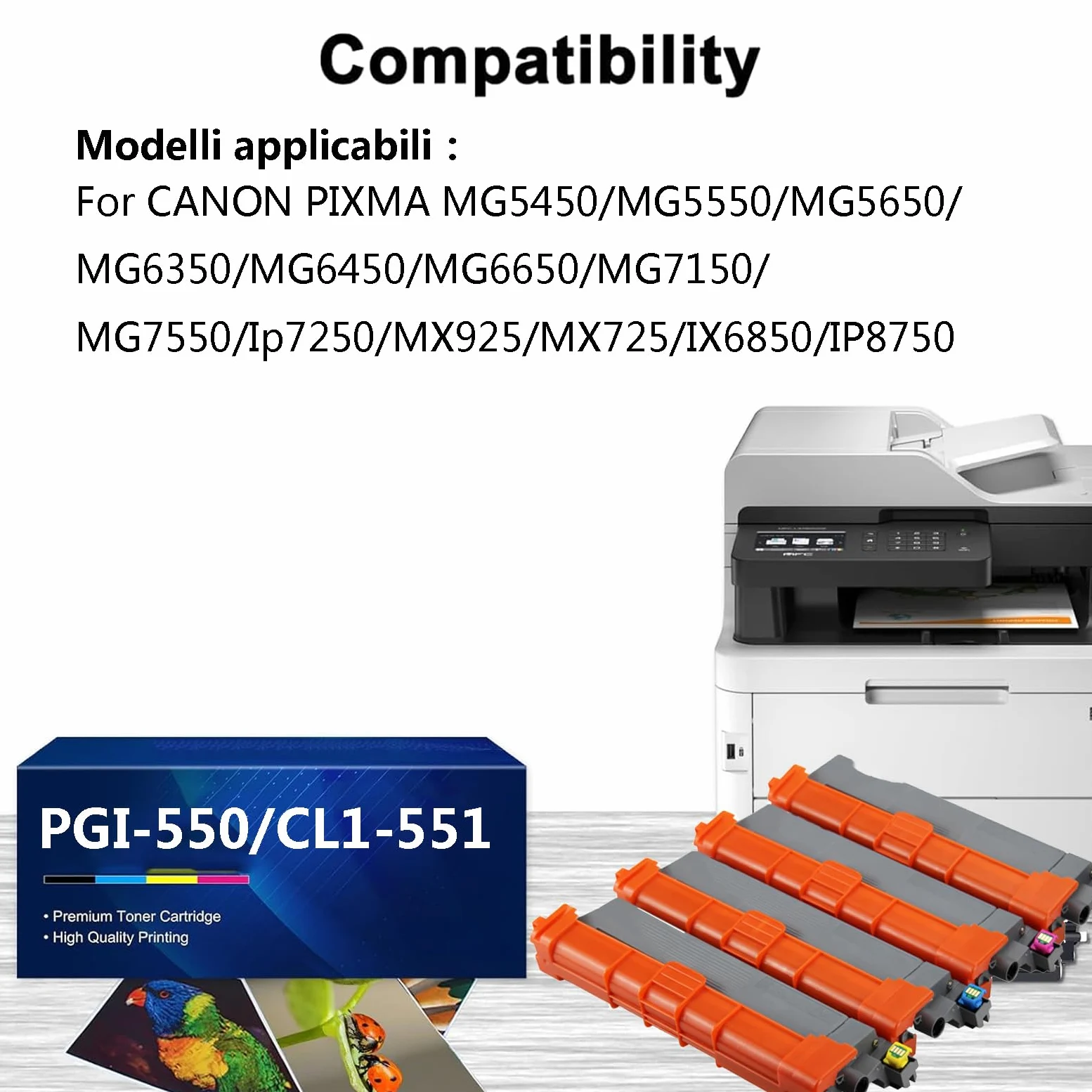 Cartucce D'inchiostro Compatibili per 550BK 551BK C M Y GY per CANON PIXMA MG5450 MG5550 MG5650 MG6350 MG6450 MG6650 MG7150 MG7550 Stampante Cartucce D'inchiostro ad alta Resa, 600 Pagine,1 set
