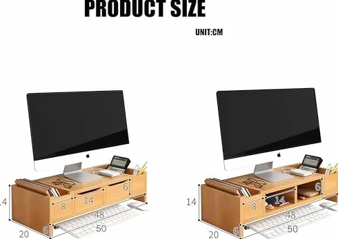 Supporto salvaspazio in legno per monitor con cassetto a 2 ripiani, per computer e TV a schermo piatto, organizer da scrivania per casa e ufficio