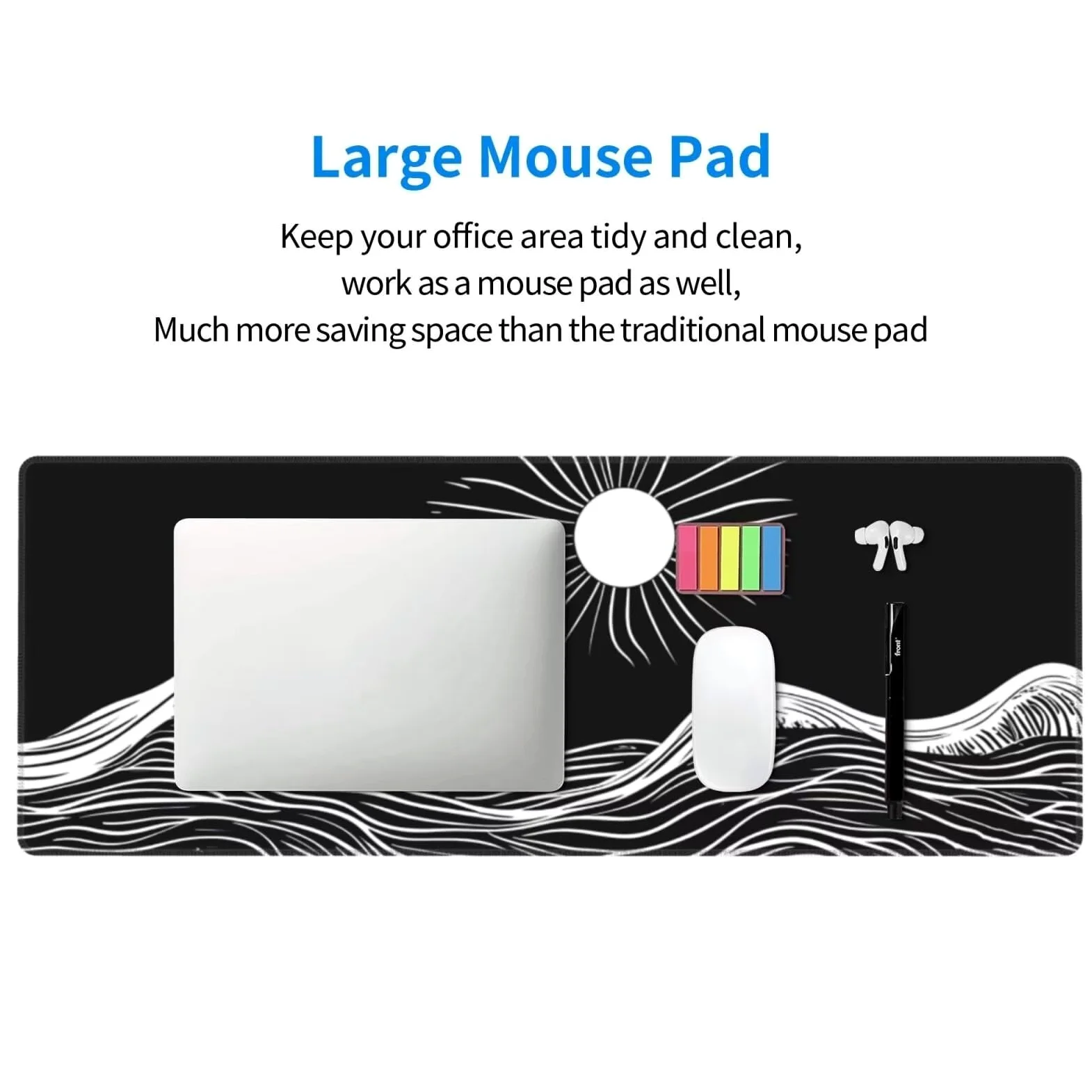 Tappetino Mouse, Tappetino Mouse Gaming Grande XXL 1500x800x3mm Tappetino Scrivania Mouse Pad, Base in Gomma Antiscivolo, Bordi Cuciti,Lavabile, Mousepad per Ufficio e Gaming (Onda nera) R-260