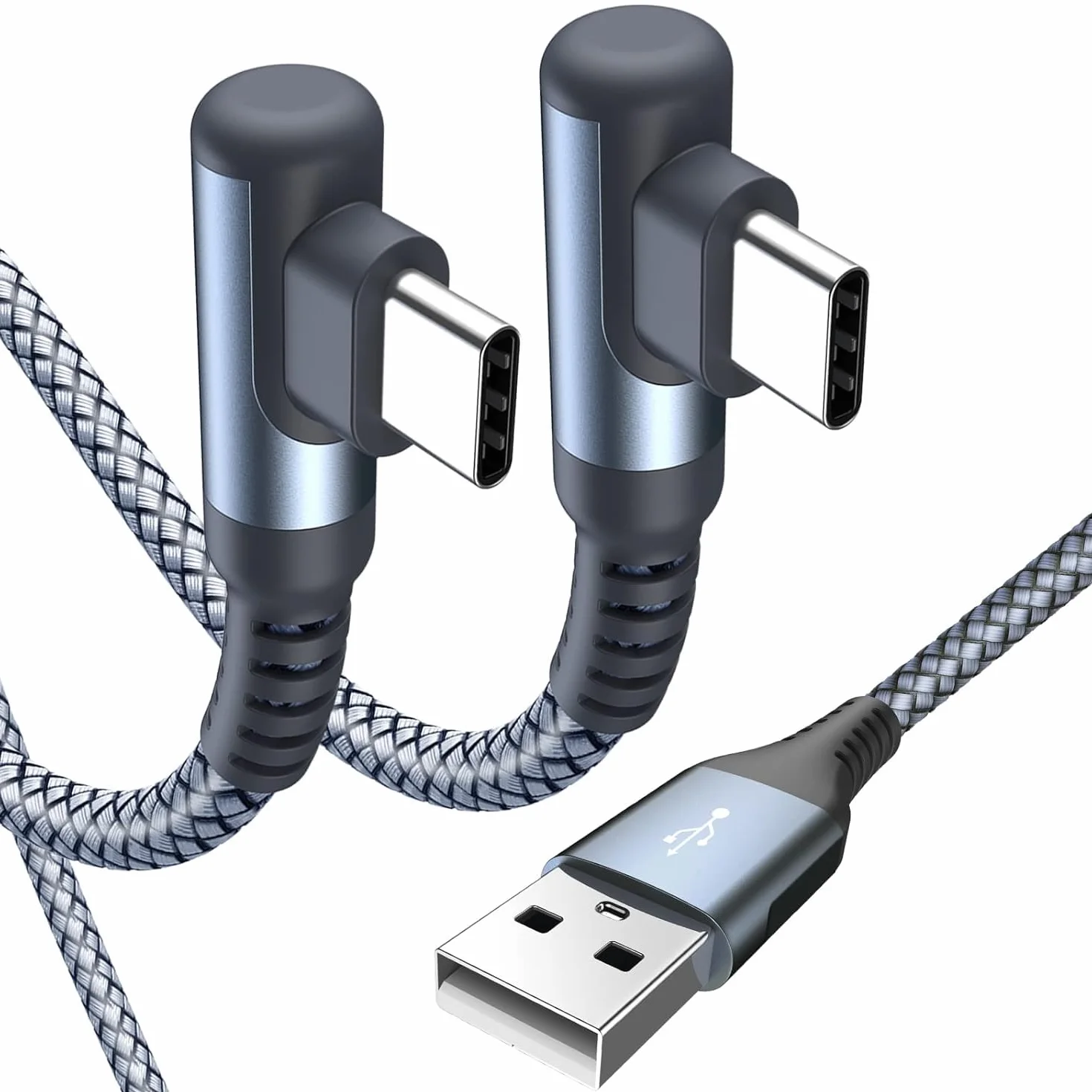 Cavo USB C angolo di 90 gradi [2 pezzi 2m] ricarica rapida, cavo di ricarica Cavo USB C in nylon tipo C per Samsung Galaxy S21 Plus, Note10 / 9/8, M31, A71 A52 A51 A50 A40 A10 A7, Mi9 / 8 (grigio)