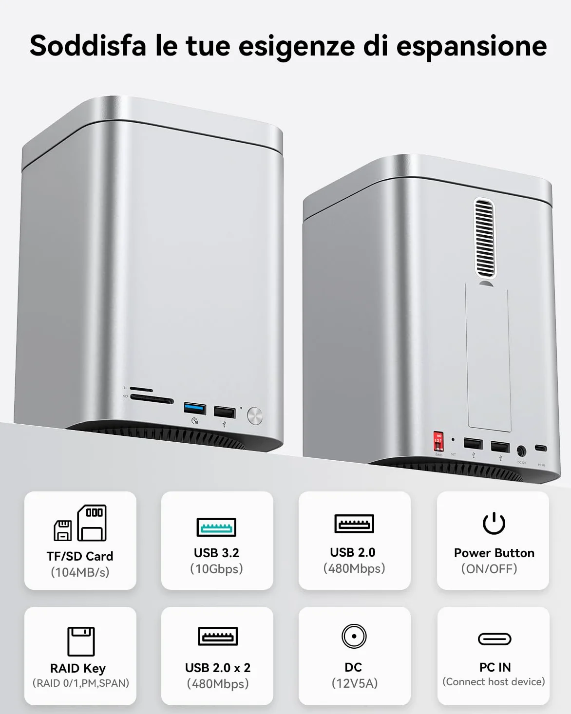 Yottamaster 2 Bay 10Gbps RAID Case per Disco Rigido, USB-C 10Gbps per 2,5"/3,5" SATA HDD/SSD + M.2 NVMe/SATA, Fino a 56TB, Hub USB, Lettore SD/TF, Case in Alluminio con Ventola (Senza Disco)