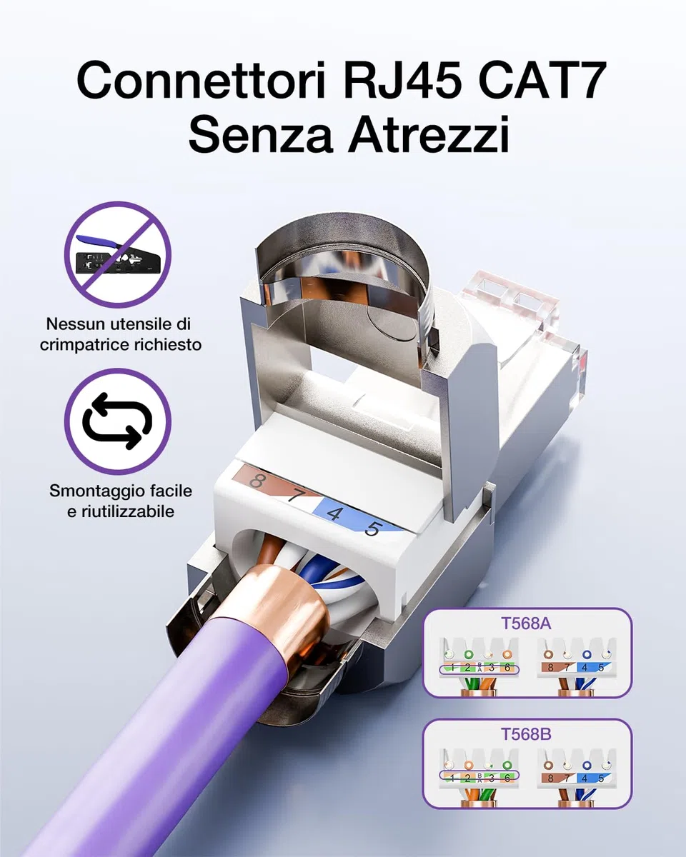 VCELINK Connettori RJ45 CAT7 Senza Attrezzi, Plug Schermati in Lega di Zinco, 10 Gbps, Compatibili Cavi 22-24 AWG, 4 Pezzi