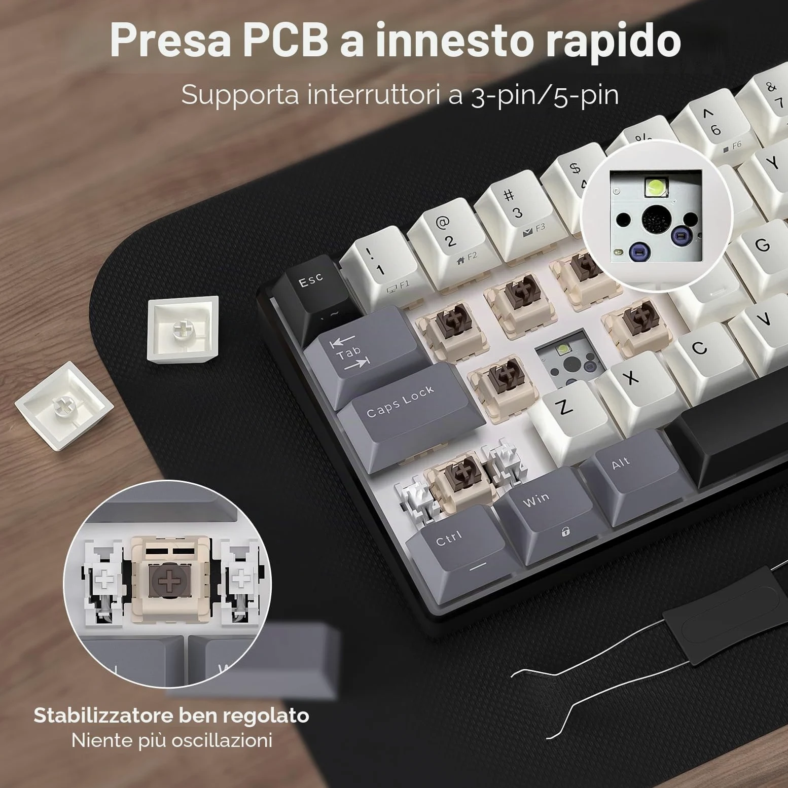 RK ROYAL KLUDGE RK61, tastiera meccanica wireless 60%, compatta, QWERTY | Tastiera da gioco compatta a 61 tasti, modalità tripla BT5.0/2.4G/USB-C, tasti PBT, software Pro, hot swap personalizzato