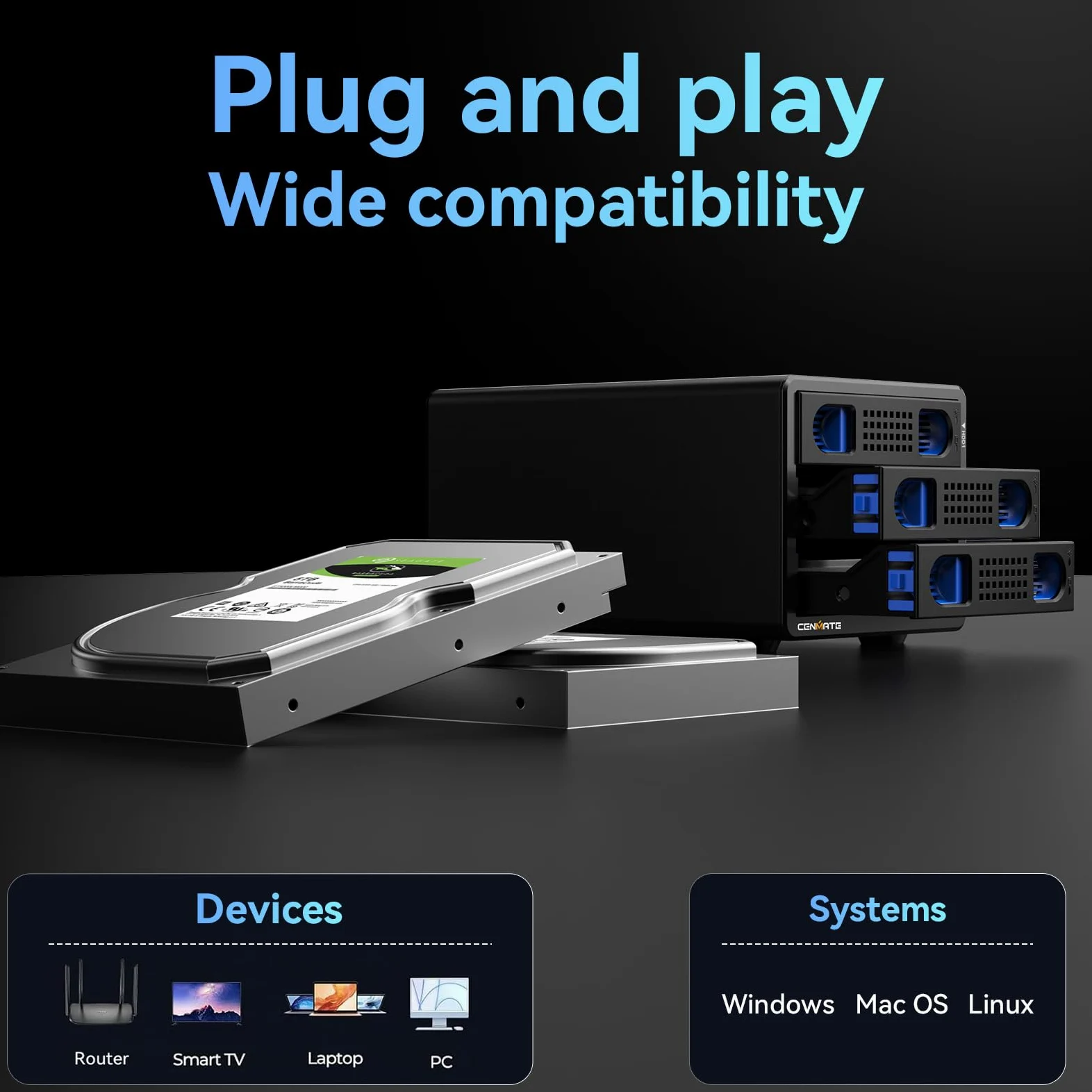 Alloggiamento Dischi Rigidi, Case 3 Bay Alluminio 10Gbps con Ventola per HDD/SSD SATA 2,5/3,5, Cavo USB A/C 3.2 con Sostituzione a Caldo, Alloggiamento HDD Senza Attrezzi, DAS (senza RAID/NAS)